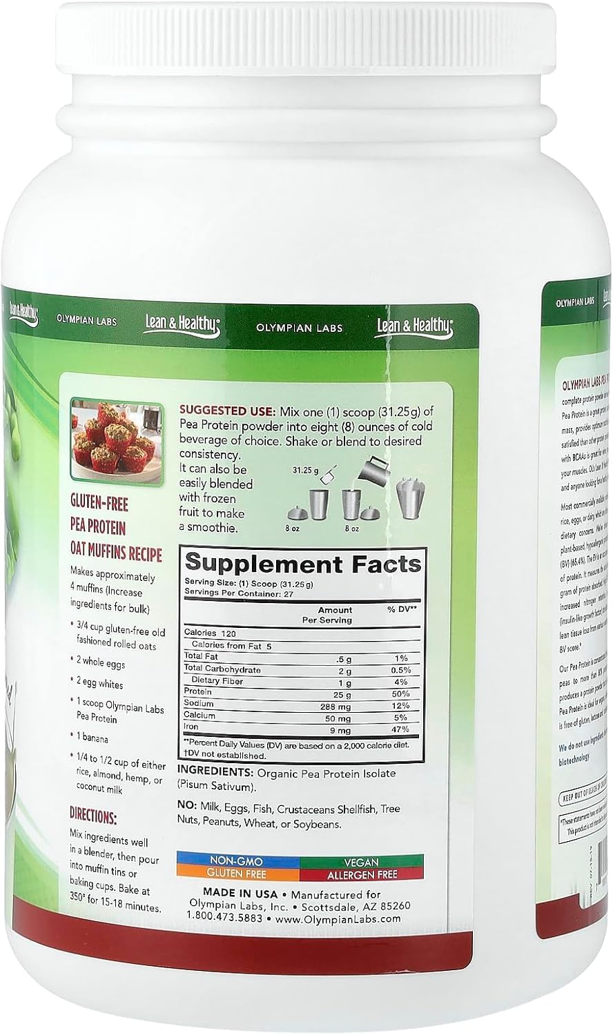Olympian Labs Plant Based Pea Protein Powder, Unflavored - 25g of Protein, Vegan, Low Net Carbs, Gluten Free, Lactose Free, No Sugar Added, Soy Free