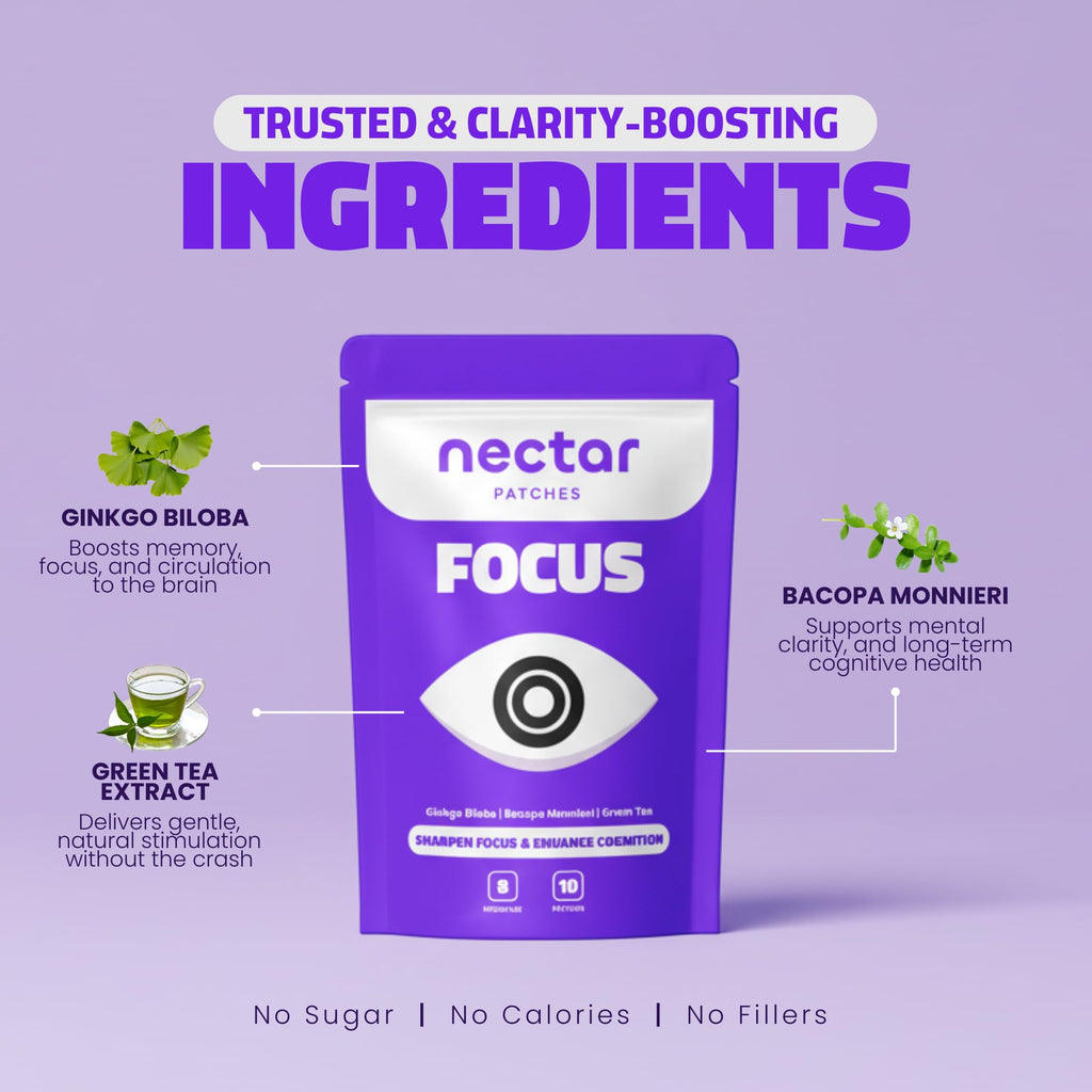 Nectar Focus Patches | Natural Cognitive Support with Ginkgo Biloba, Bacopa & Magnesium for Memory – Mental Clarity Neuro Patches for Work, Study – Clean Plant-Based Nootropic Alternative | 30 Count Nectar Patches Au supplements