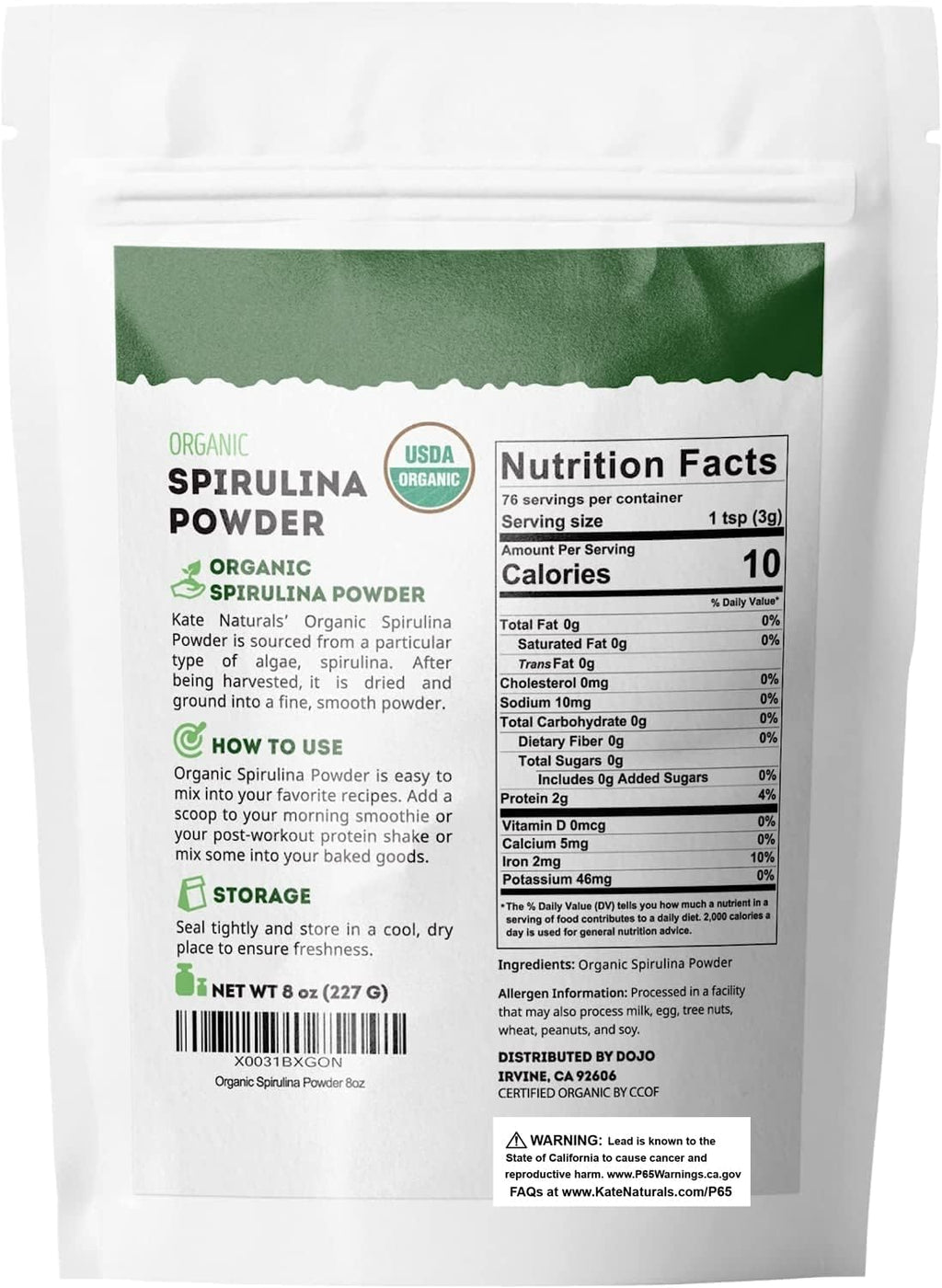 Kate Naturals Organic Spirulina Powder for Immune Support and Antioxidants. Nutrient Dense Superfood Supplement