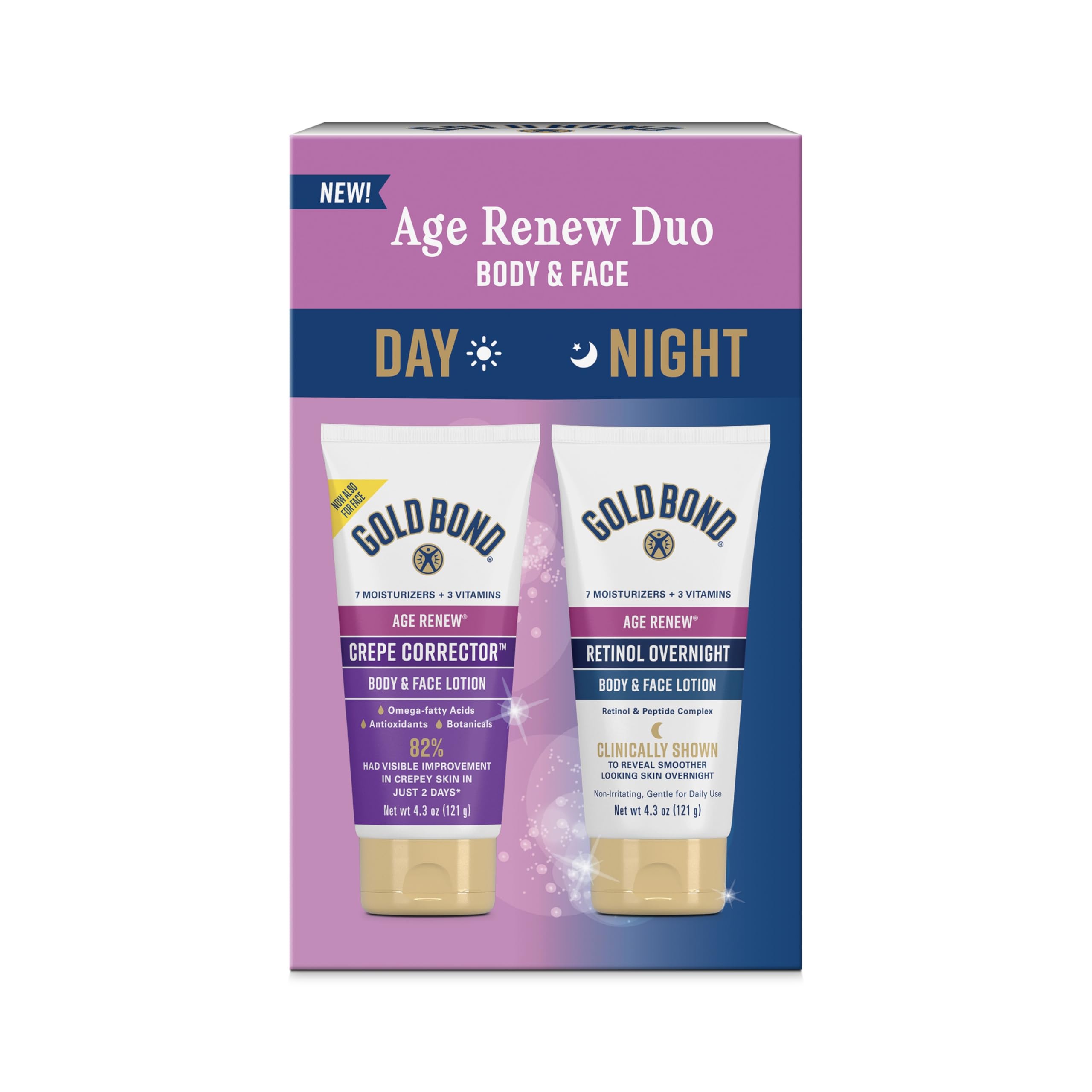 Gold Bond Age Renew Day & Night Duo Lotion Set for Body & Face, Crepe Corrector & Retinol Overnight Lotion