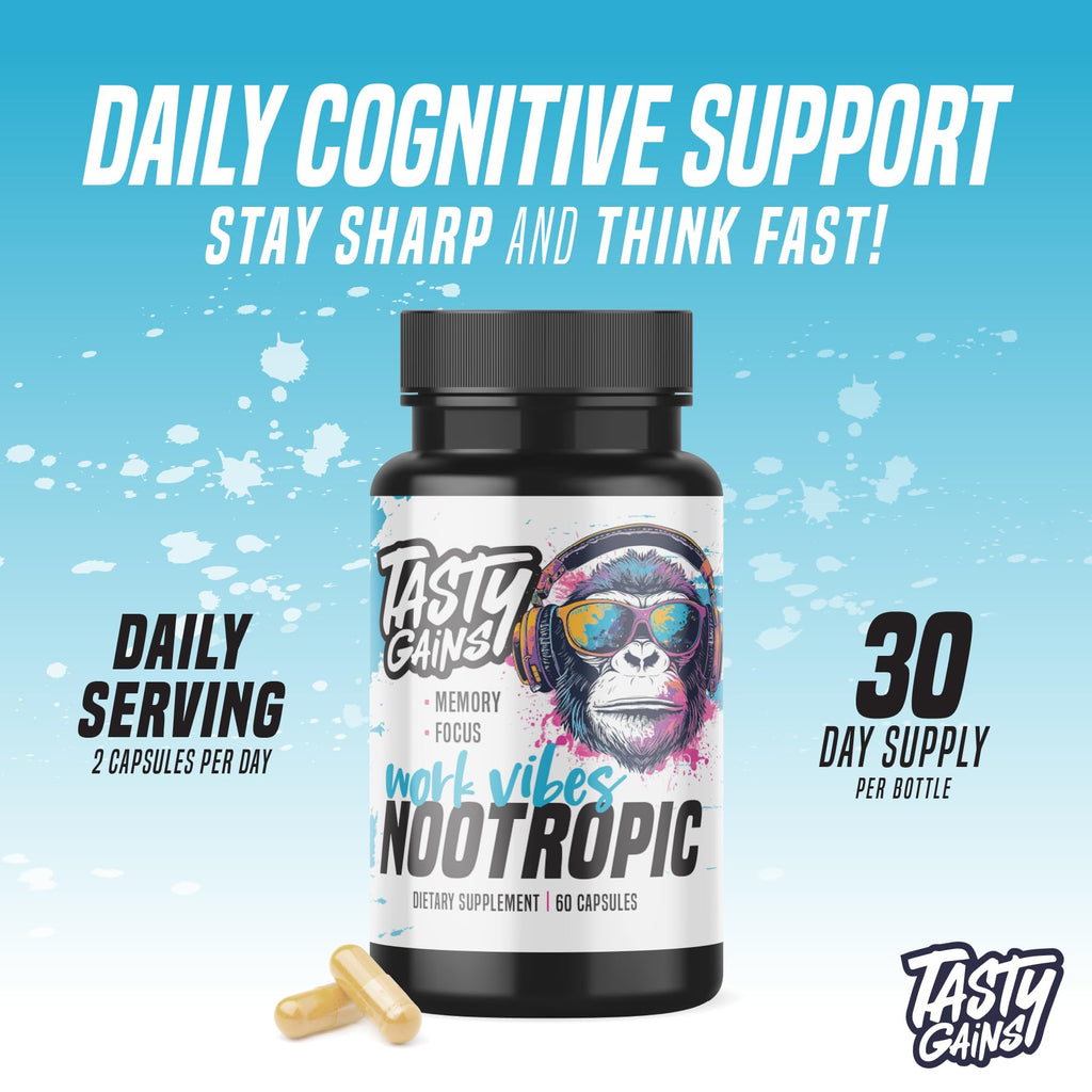 Nootropic Brain Supplement for Memory and Focus - Vitamin for Mental Health & Brain Health with L-Theanine, Rhodiola Rosea & Phosphatidylserine - Memory, Mental Clarity & Cognitive Improvement - 60 Ct TASTY GAINS Au supplements