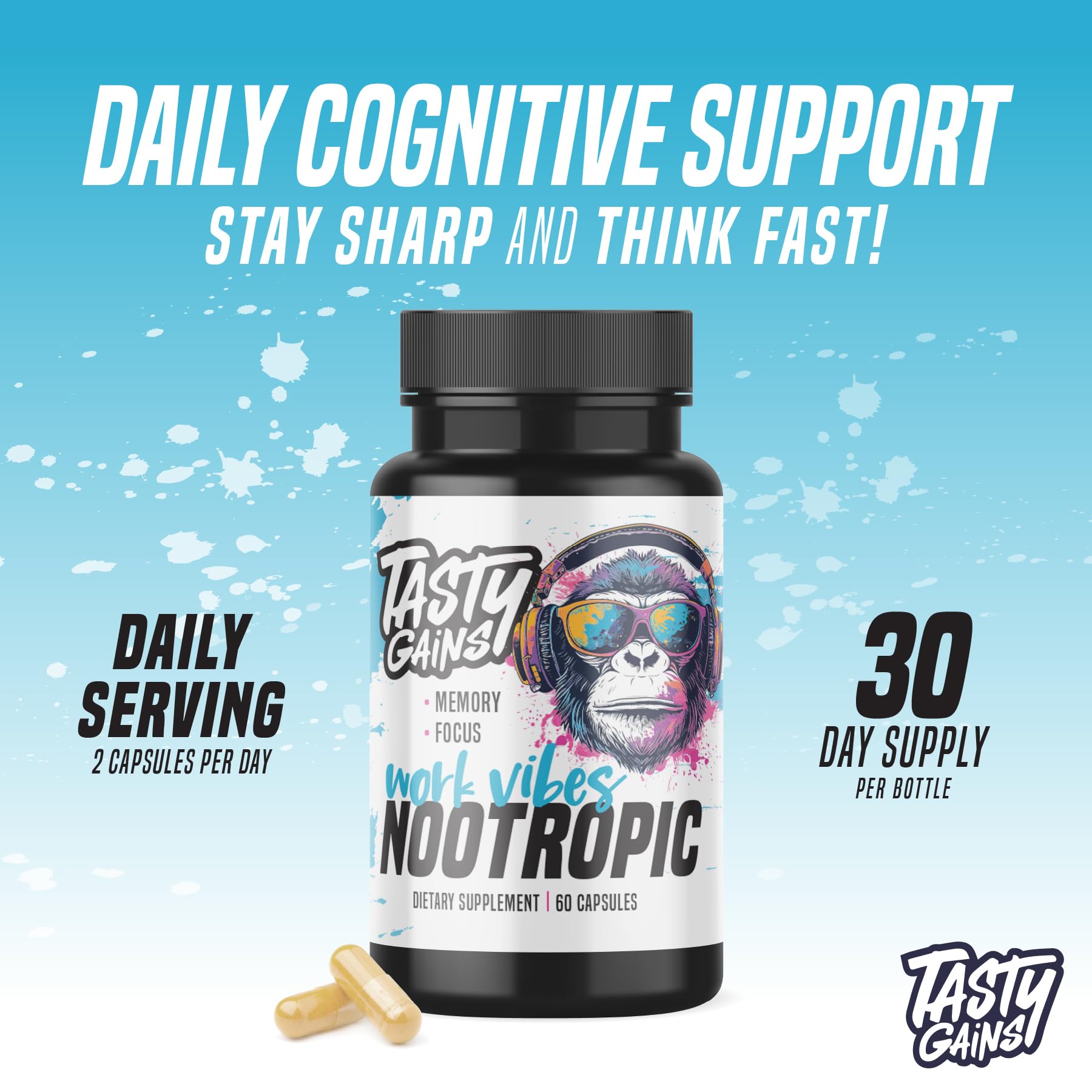 Nootropic Brain Supplement for Memory and Focus - Vitamin for Mental Health & Brain Health with L-Theanine, Rhodiola Rosea & Phosphatidylserine - Memory, Mental Clarity & Cognitive Improvement - 60 Ct TASTY GAINS Au supplements