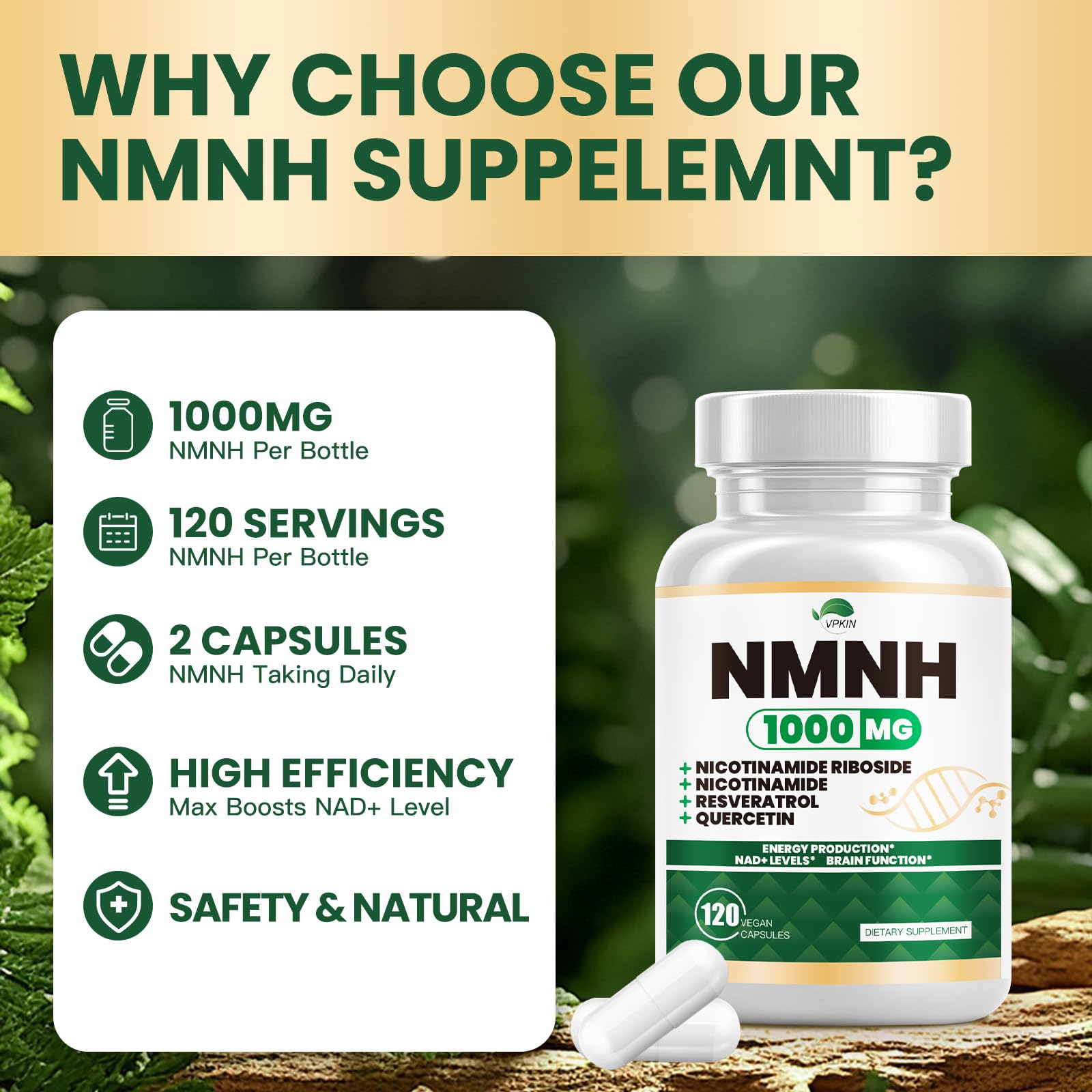 NMNH(Dihydronicotinamide Mononucleotide),NMNH Supplement 1000mg Pure Nicotinamide Mononucleotide,NAD High Purity Supplement Alternative,for Energy,Focus,Non-GMO, Gluten Free,120 Capsules VPKIN Au supplements