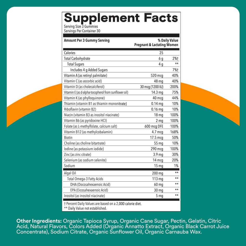 SmartyPants Prenatal Multivitamin Gummies with Omega 3 DHA/EPA, Methylfolate, Biotin, Vitamins D3, C, B12, B6, A, K, and Zinc, Gluten Free, Clean Label
