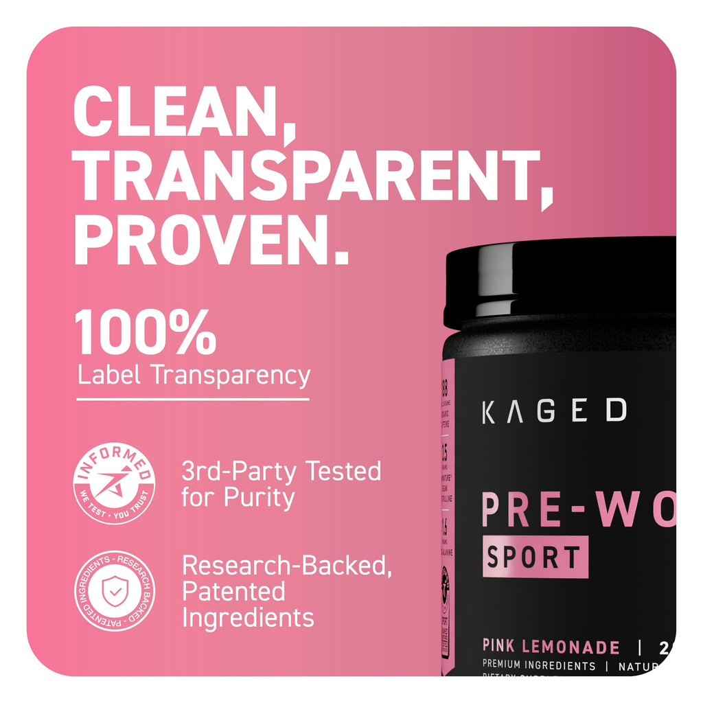 Kaged Sport Pre Workout Powder for Men & Women, Pink Lemonade, Sport Certified, 188mg Caffeine, Nitric Oxide, Beta Alanine, 20 Servings