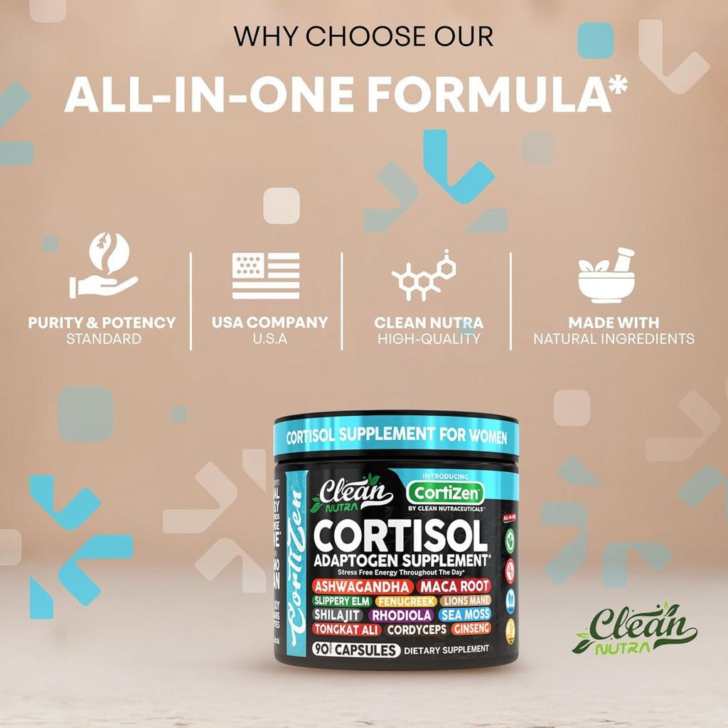 Clean Nutra Cortisol Supplements For Women | Maca Root Ashwagandha Cortisol Detox Manager Reducer + Slippery Elm Fenugreek Lions Mane Shilajit Rhodiola Sea Moss Tongkat Ali Cordyceps Ginseng Beet Root Clean Nutraceuticals Au supplements