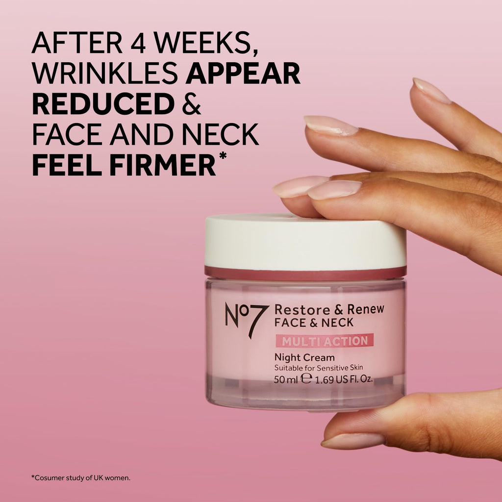 No7 Restore & Renew Multi Action Night Cream for Face & Neck - Nighttime Face Moisturizer with Collagen Peptides
