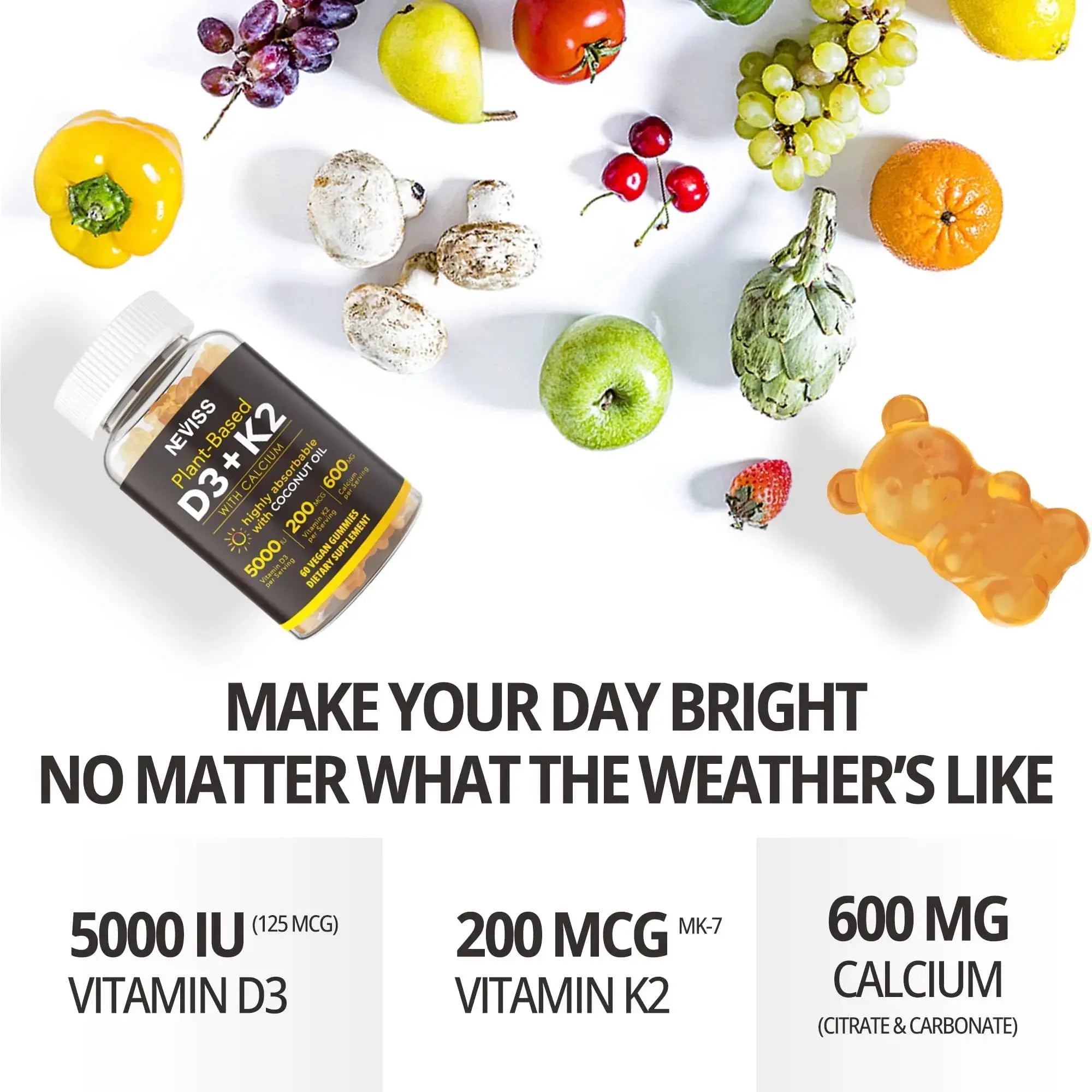 NEVISS 50+ Daily Gummy Multivitamin Algae Omega 3 & Calcium, CoQ10, Magnesium + Vitamin D3 5000IU Gummies 125mcg with Calcium 600mg, K2(MK7) 200mcg NEVISS Au supplements