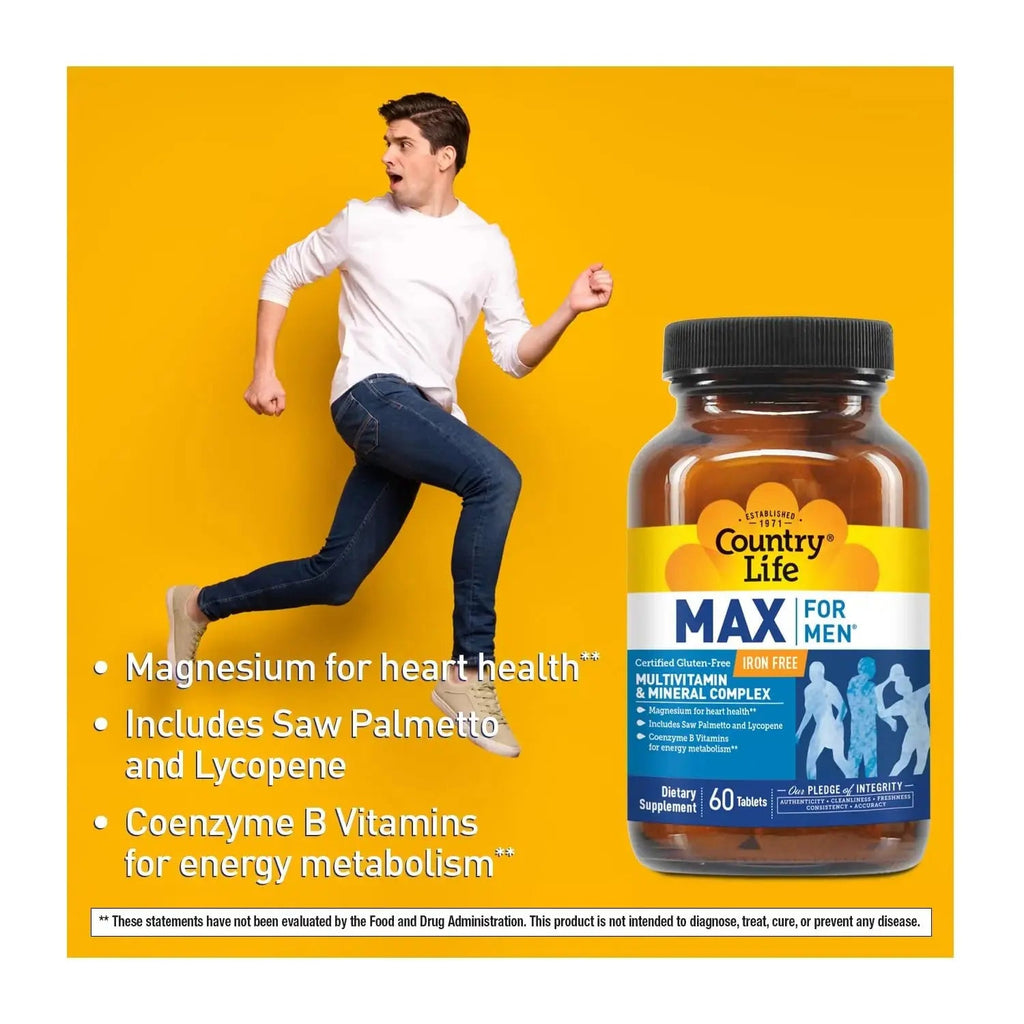Country Life Max for Men, Multivitamin & Mineral complex, Iron-Free, Vegetarian Tablets, 60 Count, Certified Gluten Free, Certified Vegetarian Country Life Au supplements