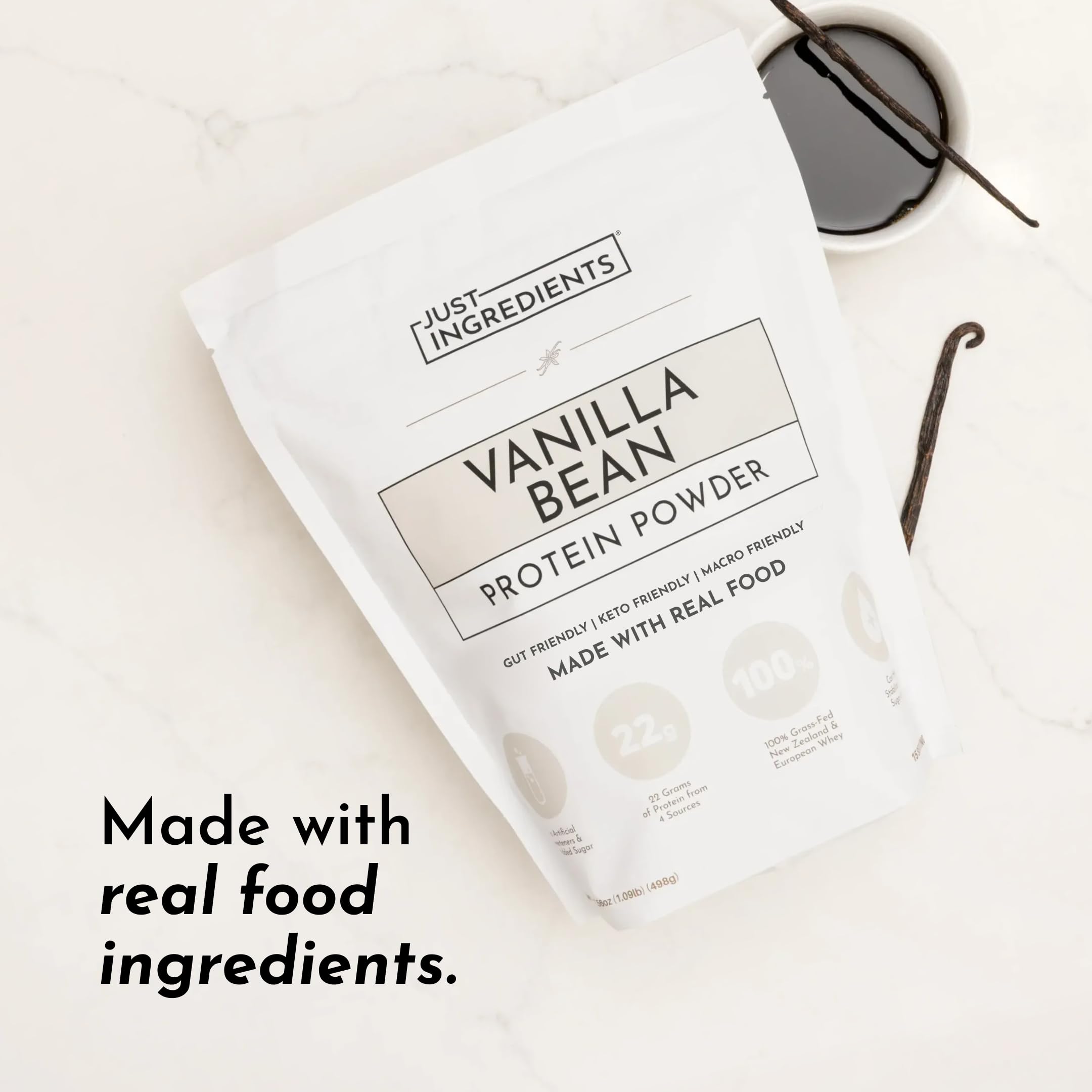 JUST INGREDIENTS Vanilla Protein Powder - Grass-Fed Whey Blend, Organic, Gluten Free, Dairy Free, Soy Free - 15 Servings, 22g Protein