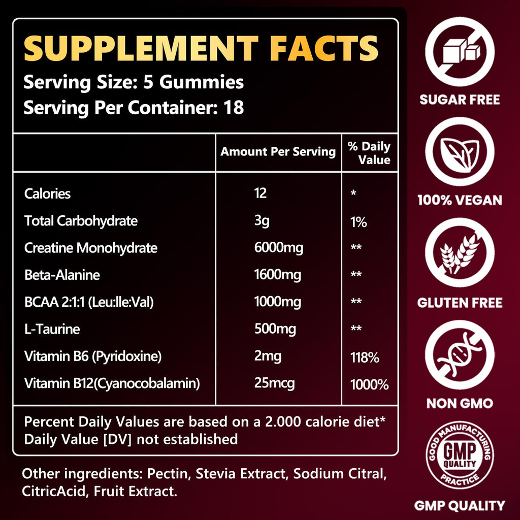 ZELKORE Creatine Monohydrate Gummies 6000mg for Men & Women, Sugar Free Creatine Gummy for Pre & Post Workout, High Absorption Supplement with BCAA, Support Boost Strength,