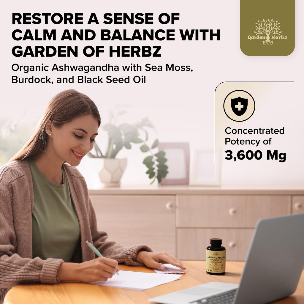 Garden of Herbz Organic Ashwagandha Root & Irish Sea Moss – 3,600 mg Ashwagandha Supplement with Black Seed Oil, & Burdock Root – Herbal Supplement for Energy, Calm, Mood, & Wellness, 120 Caps Garden of Herbz Au supplements