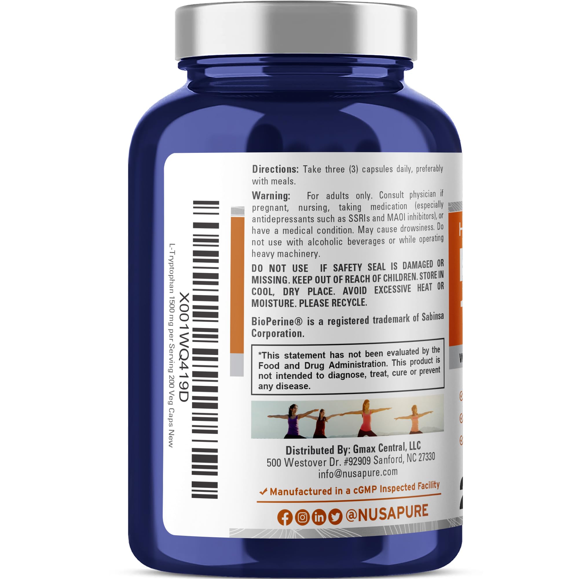 NusaPure L-Tryptophan - Suitable for Vegetarian/Vegan, Non - GMO - 1500mg 200 Capsules NusaPure Au supplements