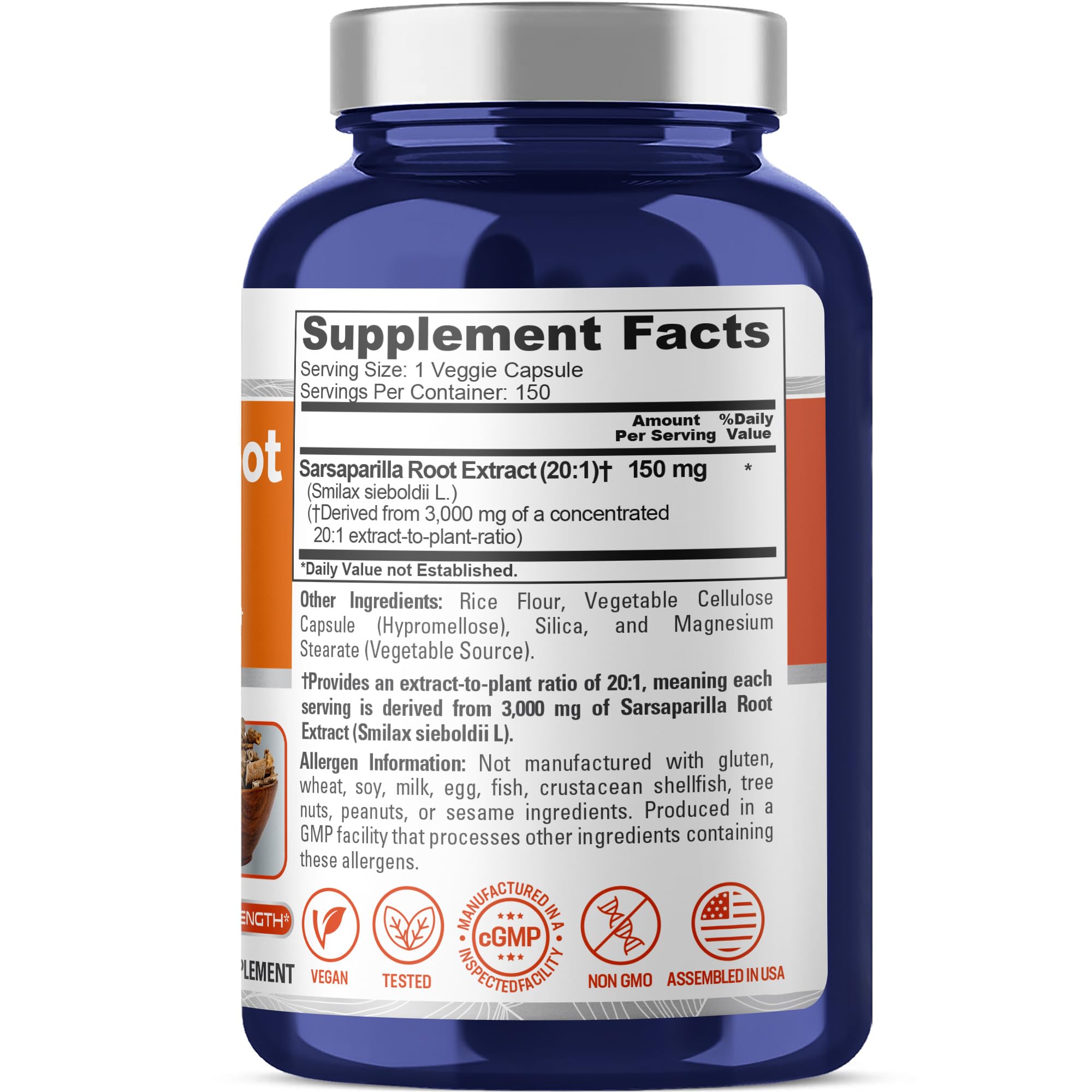 NusaPure Sarsaparilla Root 20:1 Extract - Suitable for Vegetarian/Vegan, Non - GMO - 3000 mg - 150 Capsules NusaPure Au supplements