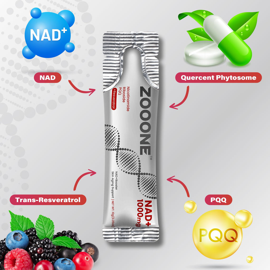 zooone NAD+ 1000mg Liquid Packets Supplement - Premium Nicotinamide Riboside & Resveratrol for Cellular Energy