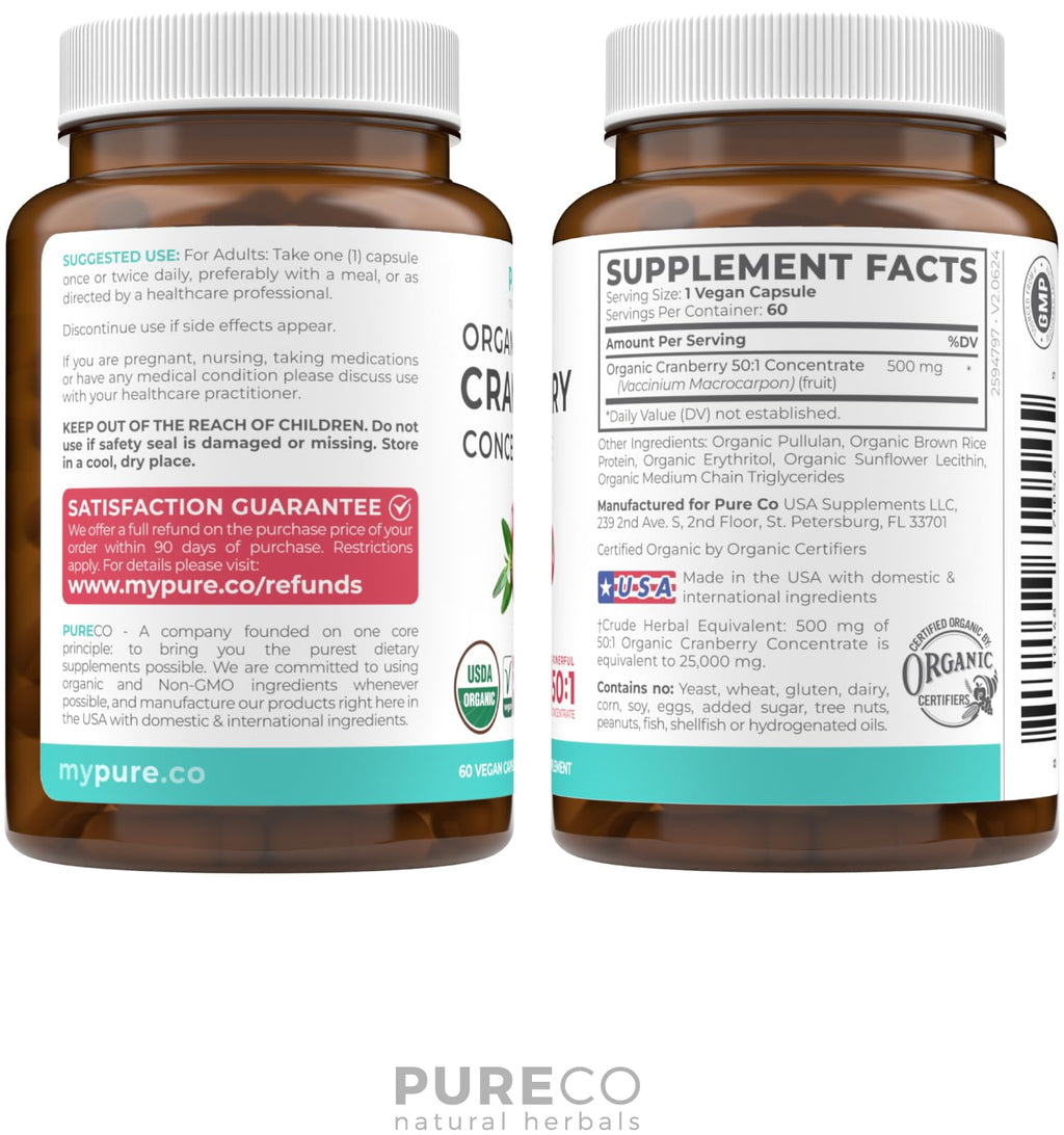 Organic Cranberry Pills - Vegan Supplement for Urinary Tract Health & Kidney Cleanse - Cranberry Pills for Women 500mg 50:1 Cranberry Concentrate Per Serving