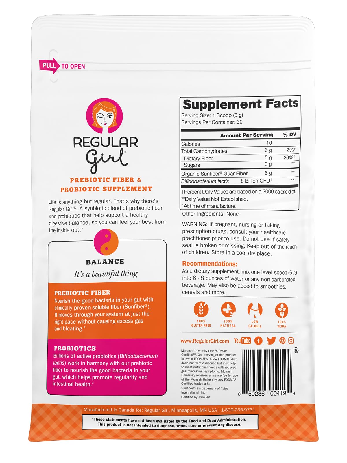 Regular Girl Organic Powder, Prebiotic Fiber Supplement and Probiotics for Women, Low FODMAP, 30 Servings, Unflavored