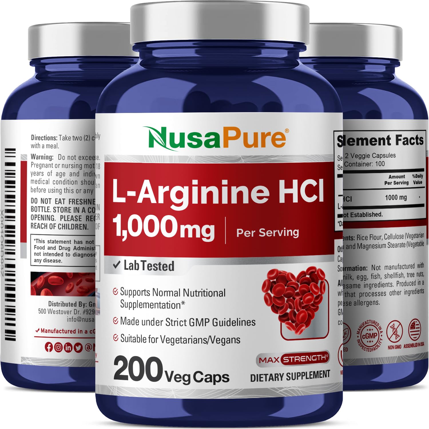 NusaPure L-Arginine 1000 mg 200 Veggie Capsules (Non-GMO, Vegetarian, Vegan) NusaPure Au supplements