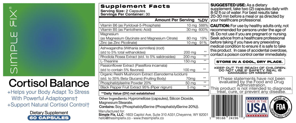 The Simple Fix Cortisol Balance Supplement – Supports Stress, Focus & Daily Energy – with Ashwagandha, Rhodiola Rosea, L-Theanine, Magnesium, Zinc & B6 – Adaptogen Formula – Vegan Capsules The Simple Fix Au supplements