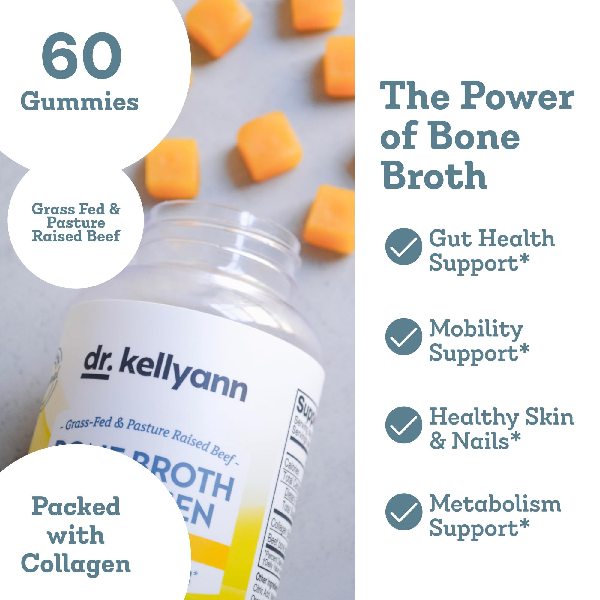 Dr. Kellyann Collagen + Bone Broth Gummies, Lemon | Gut, Skin, Joint & Hair Support | Grass-Fed Beef | Non-GMO, Dairy-Free, Soy-Free | 60 Gummies