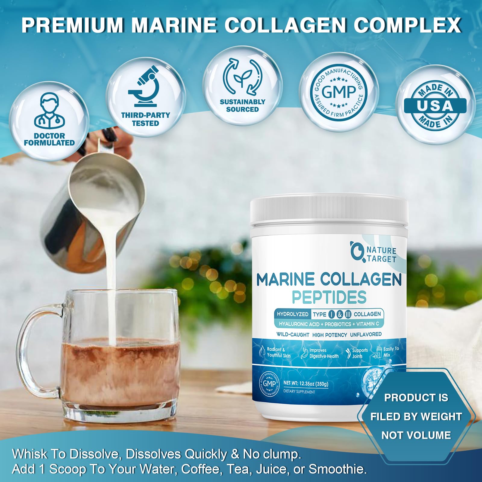 NATURE TARGET Marine Collagen Peptides Powder - Type I & III Collagen with Probiotics, Vitamin C & Hyaluronic Acid for Skin, Hair, Nails