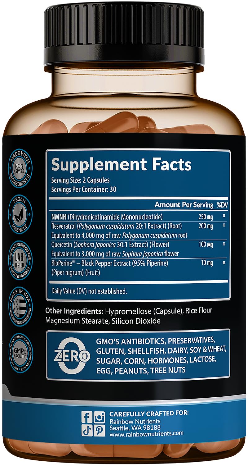 NMNH Supplement (NMN Alternative) NAD Booster for Anti-Aging, Cellular Energy & Nice Skin- Dihydronicotinamide mononucleotide, Resveratrol, Quercetin & BioPerine® for Max Absorption- 60 caps Rainbow Nutrients, LLC Au supplements