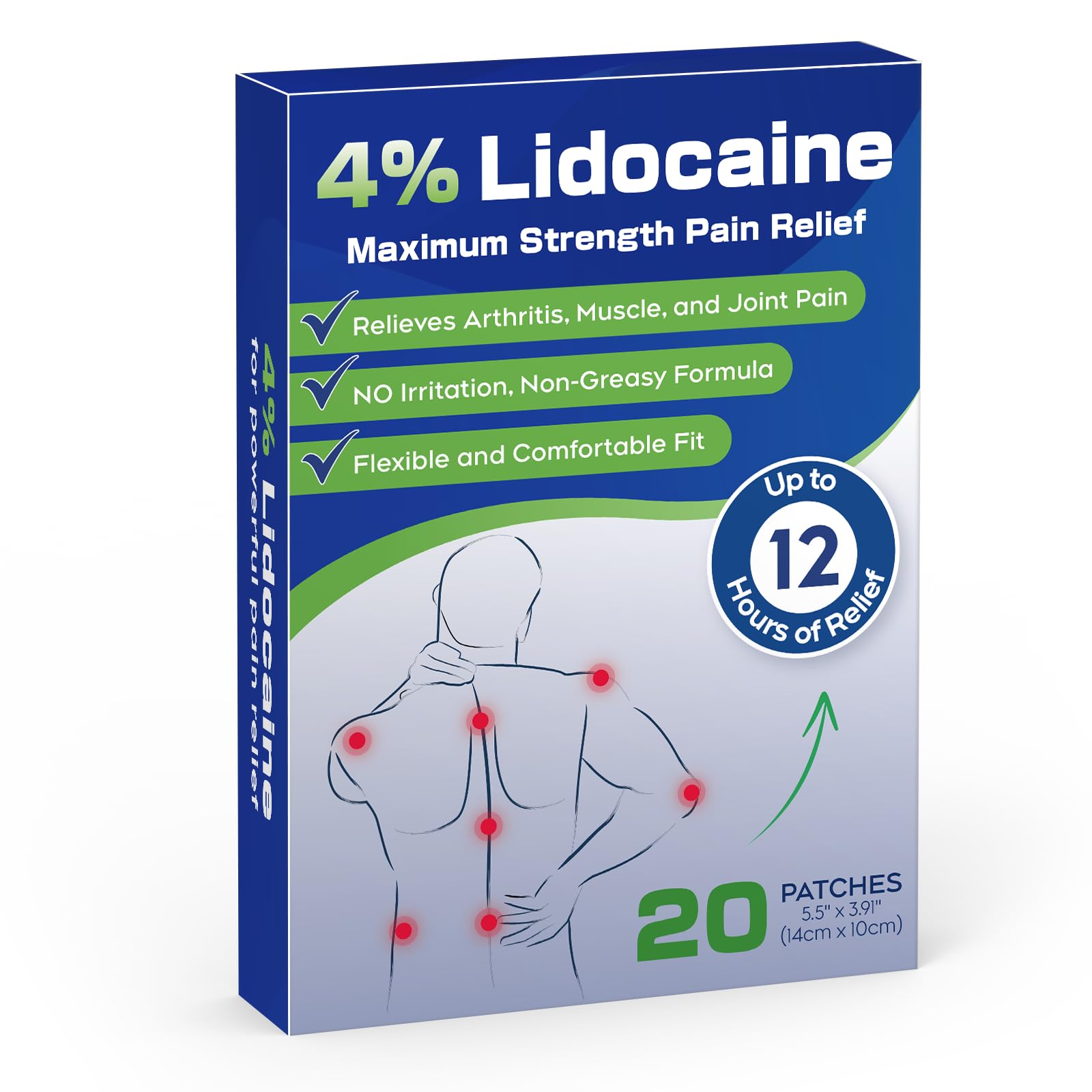 Uposiut 4% Lidocaine Patches - 20 Count Maximum Strength Lidocaine Patches, 10 Packs of 2 Patches for Muscle Pain Relief in The Neck, Shoulders, Back, Knees, and Anks, 12 Hour Pain Relief-012345 Uposiut Au supplements