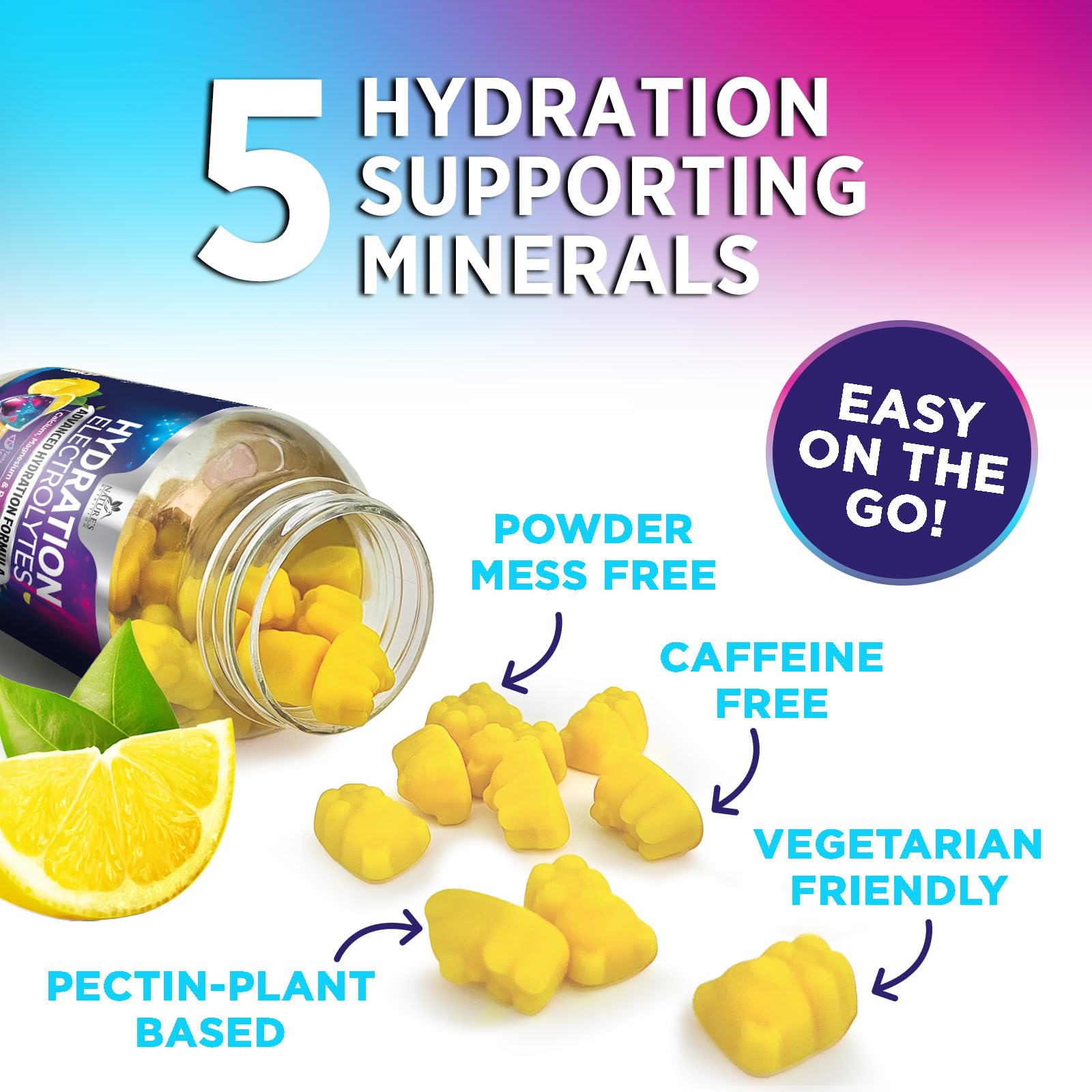Hydration Electrolyte Gummies - Daily Liquid Replenisher Gummy - Electrolyte Multiplier with Minerals, Potassium & Real Salt - Vegan, Non-GMO - Tasty Lemon Flavor Hydration Electrolytes