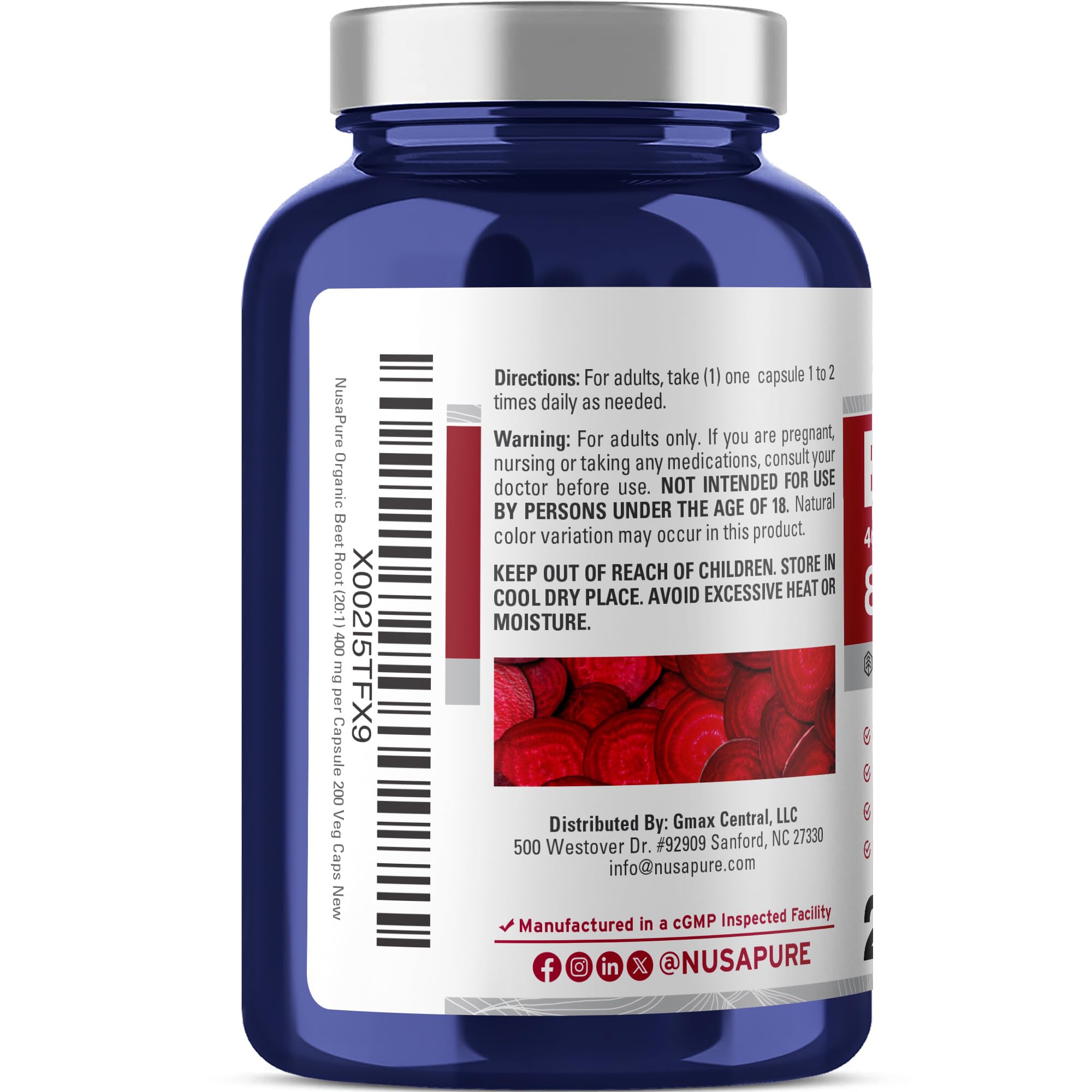 NusaPure Organic Beet Root 20:1 Extract, 400 mg Equivalent to 8,000 mg - Black Pepper 4:1 Extract, 10 mg - 200 Veggie caps (Vegan, Non-GMO) NusaPure Au supplements