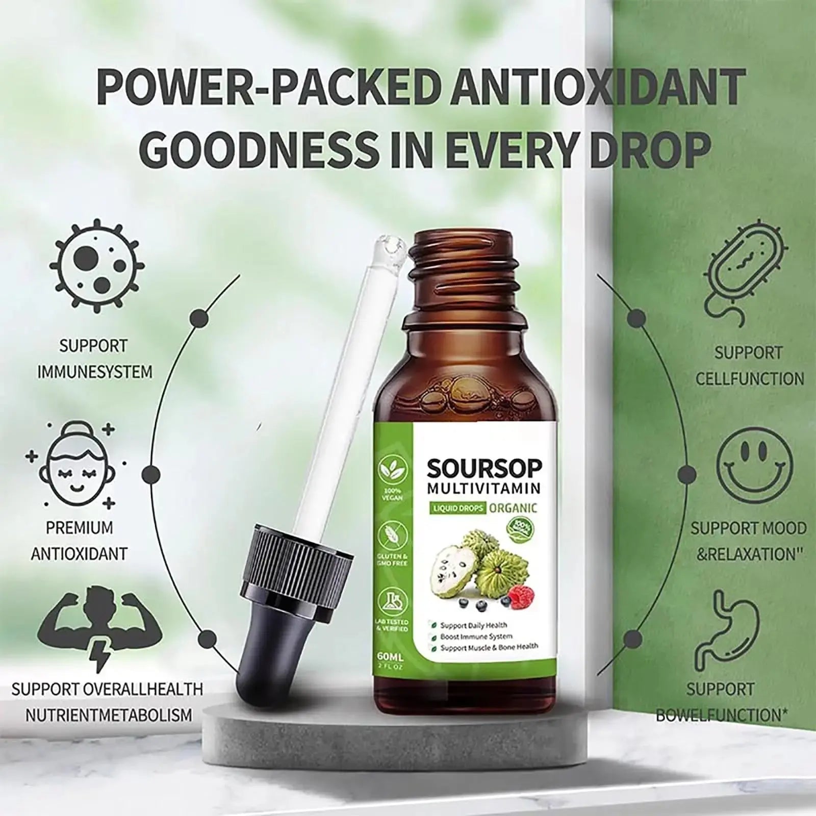 Soursop Bitters Liquid 2 Fl Oz, Soursop Graviola Leaf Extract Liquid Drop, Soursop Multivitamin Liquid Drops Organic for Cell Support, Immune System, Relax bogomo Au supplements