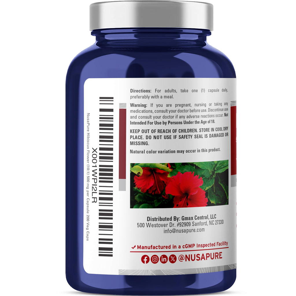 NusaPure Hibiscus Flower 10:1 Extract, 500 mg Equivalent to 5000mg 200 Vegetarian Caps (Non-GMO, Vegan) NusaPure Au supplements