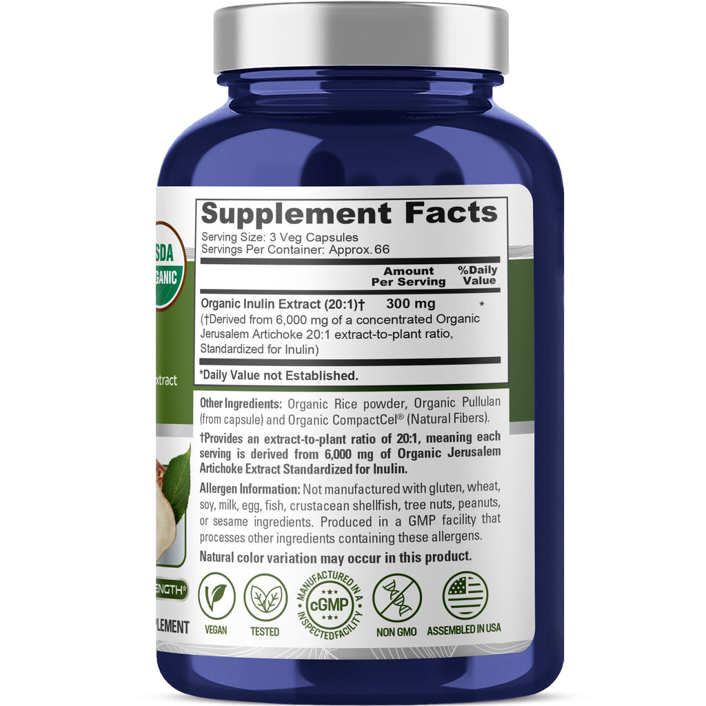 NusaPure Inulin Powder 20:1 Extract, 300 mg Equivalent to 6,000mg | 200 Veg Capsules |USDA Organic Suitable for Vegetarians, Vegan, Non-GMO Supplement NusaPure Au supplements