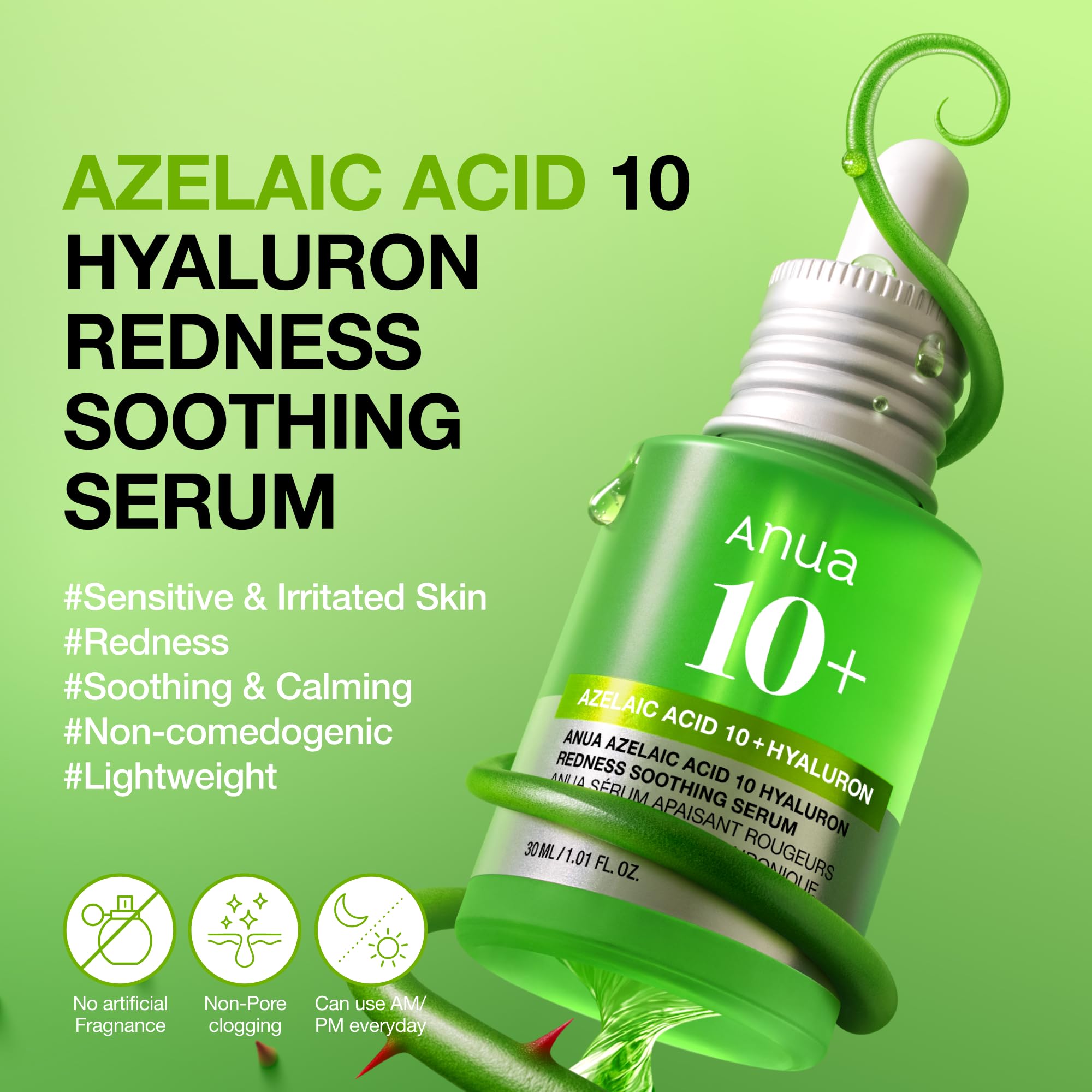 Anua Azelaic Acid 10 Hyaluron Redness Soothing Serum, Facial Serum for Blemish-Prone & Oily-Prone Skin