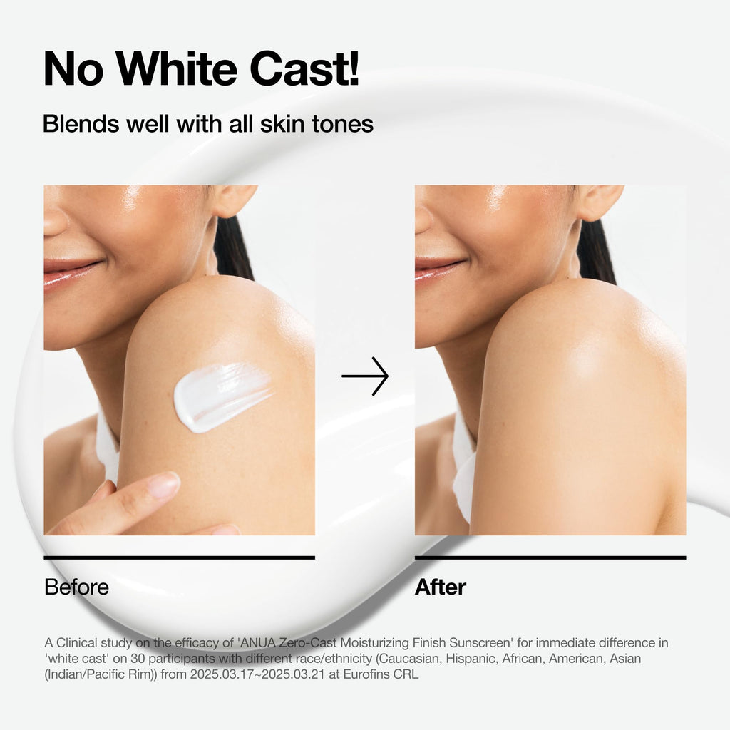 Anua, Zero-Cast Moisturizing Sunscreen SPF 50, Glow Natural Sunscreen for face, No White