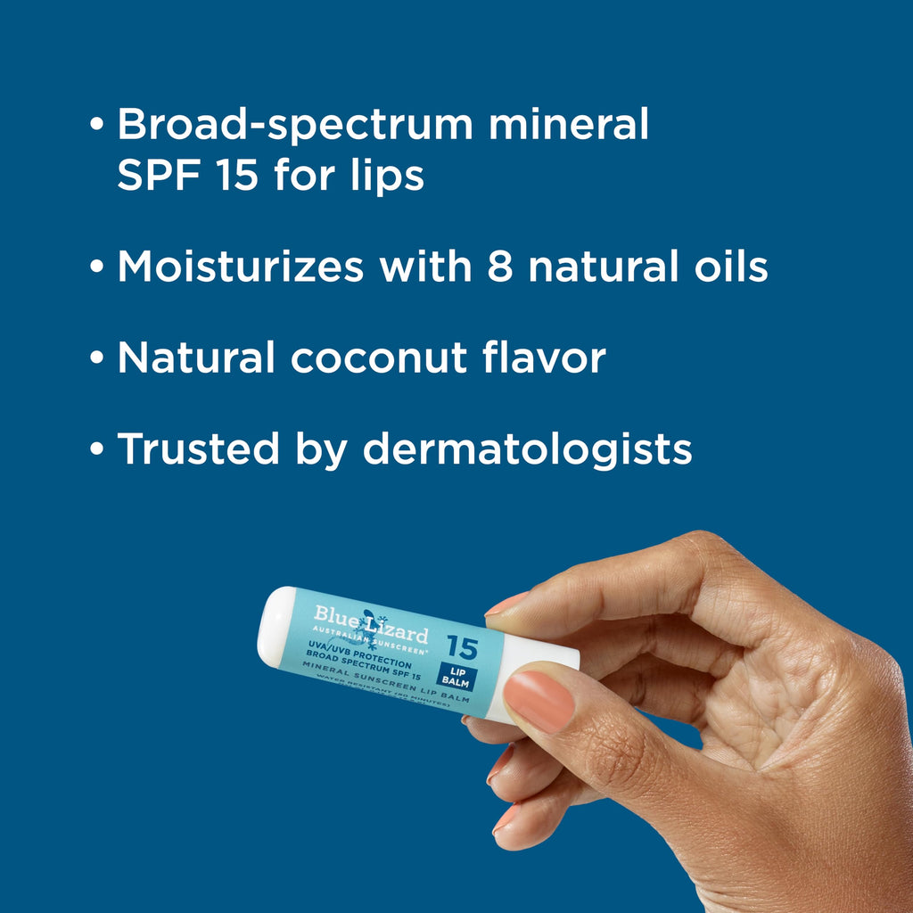 BLUE LIZARD Mineral SPF 15 Lip Balm, 3-Pack: Broad Spectrum Sun Protection, Natural Coconut Flavor, 8 Natural Oils