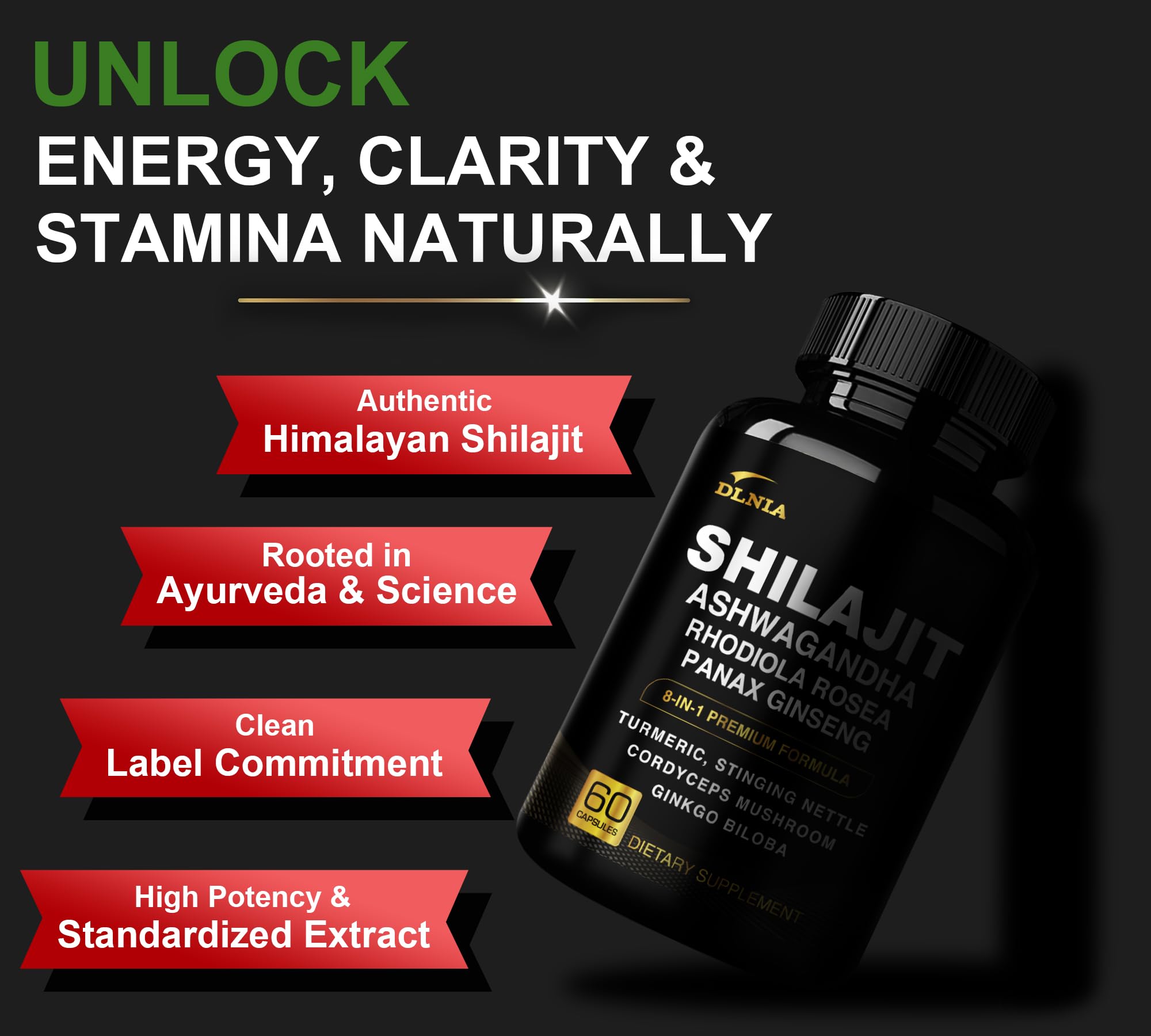 DLNIA 8-in-1 Shilajit for Men & Women with Ashwaganda Himalayan Organic Supplement with Rhodiola Rosea, Ginseng, Turmeric, Mushroom, for Immune Support, Energy, Calm, Focus, Clarity, Sleep, Cortisol DLNIA Au supplements