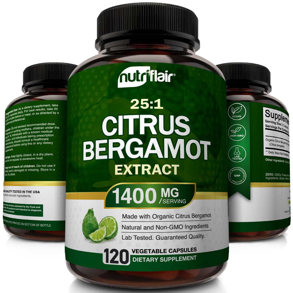 NutriFlair Organic Citrus Bergamot 1400mg, 120 Capsules - 25:1 Bergamia - Essential Oil and Citrus Bioflavonoids - Natural Heart Health Supplements