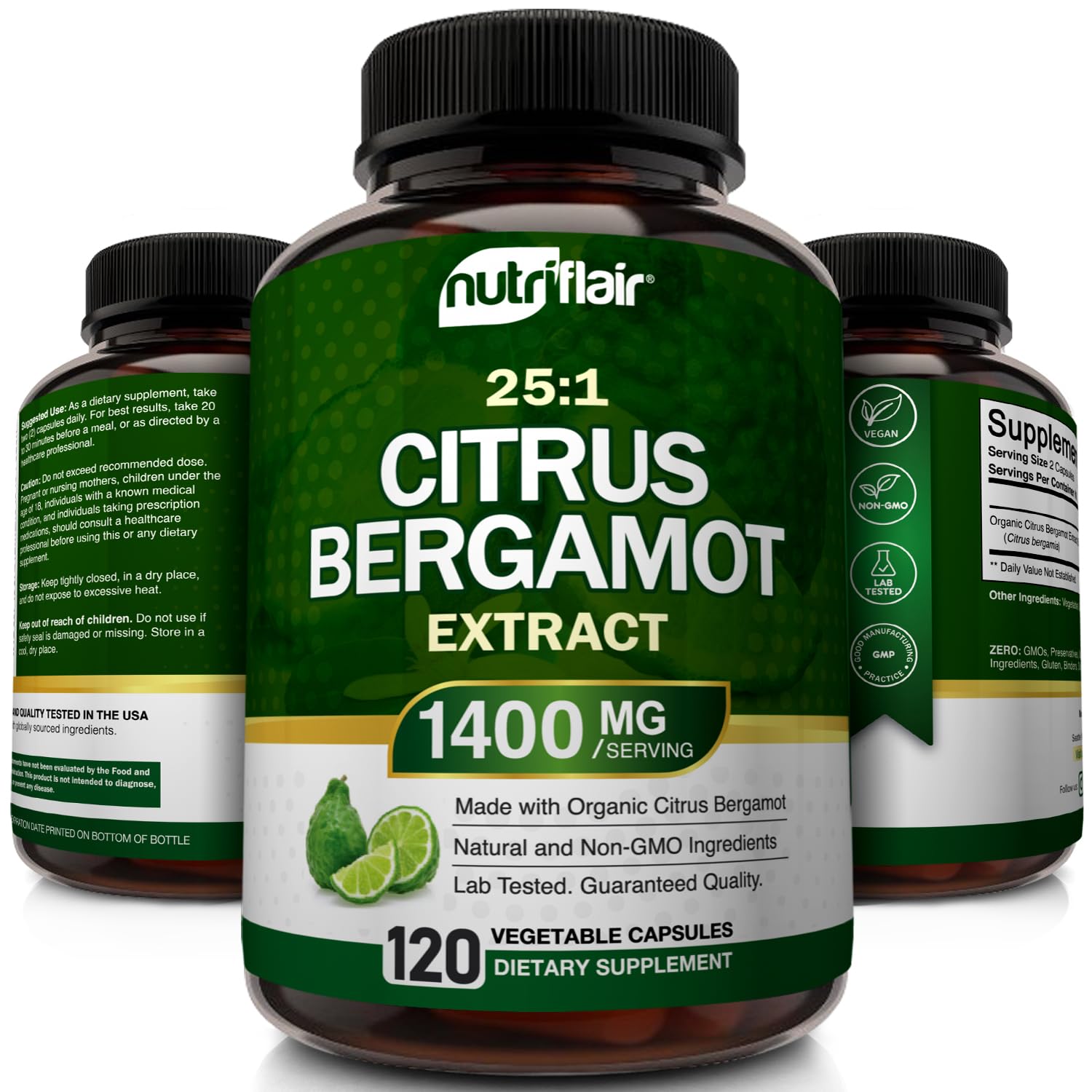 NutriFlair Organic Citrus Bergamot 1400mg, 120 Capsules - 25:1 Bergamia - Essential Oil and Citrus Bioflavonoids - Natural Heart Health Supplements