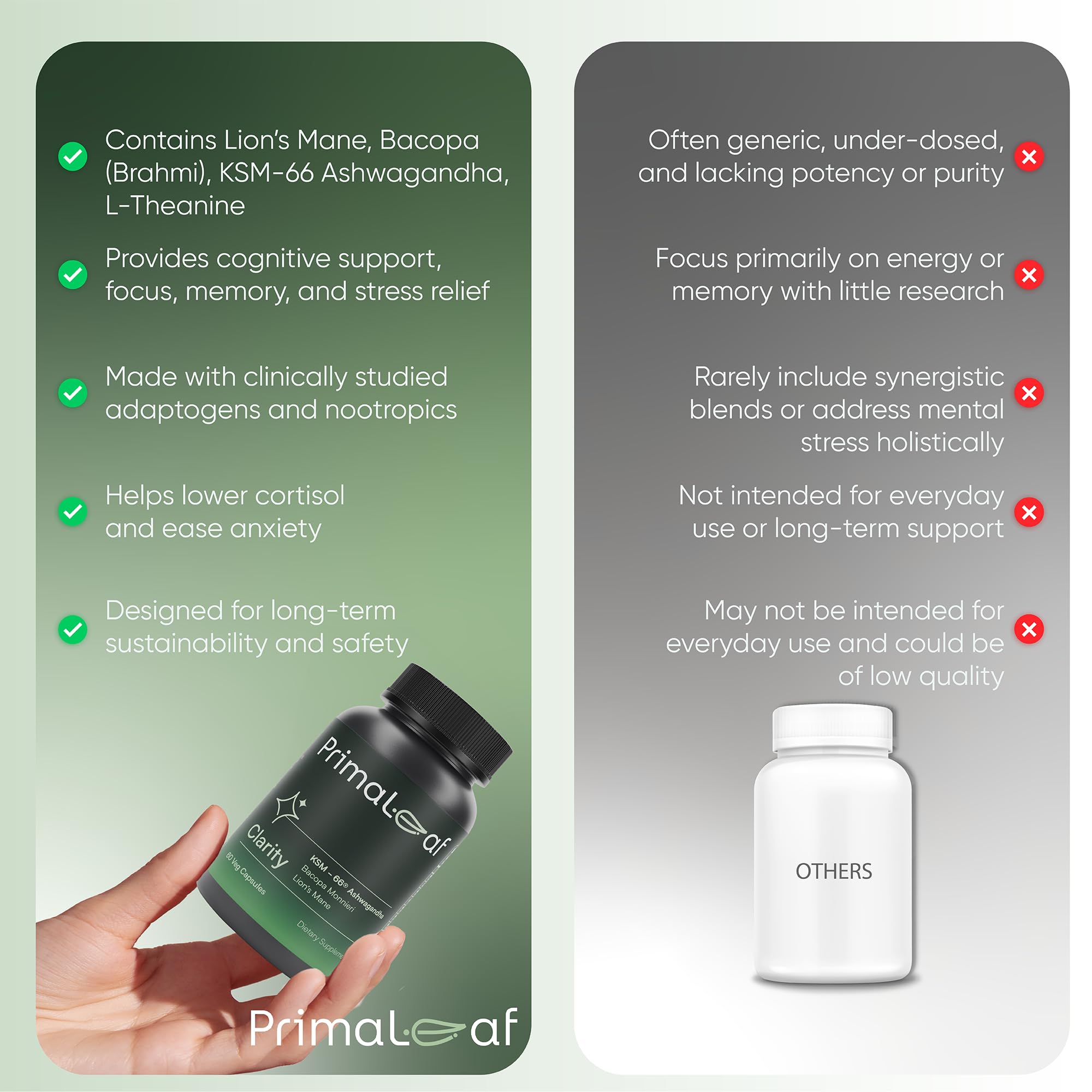 PrimaLeaf Clarity Nootropics Brain Supplement for Focus, Memory, & Stress Relief | Natural Nootropic with KSM66 Ashwagandha, Lions Mane, Bacopa, L Theanine | Cognitive & Mood Support | 60 Veg Capsules PrimaLeaf Au supplements