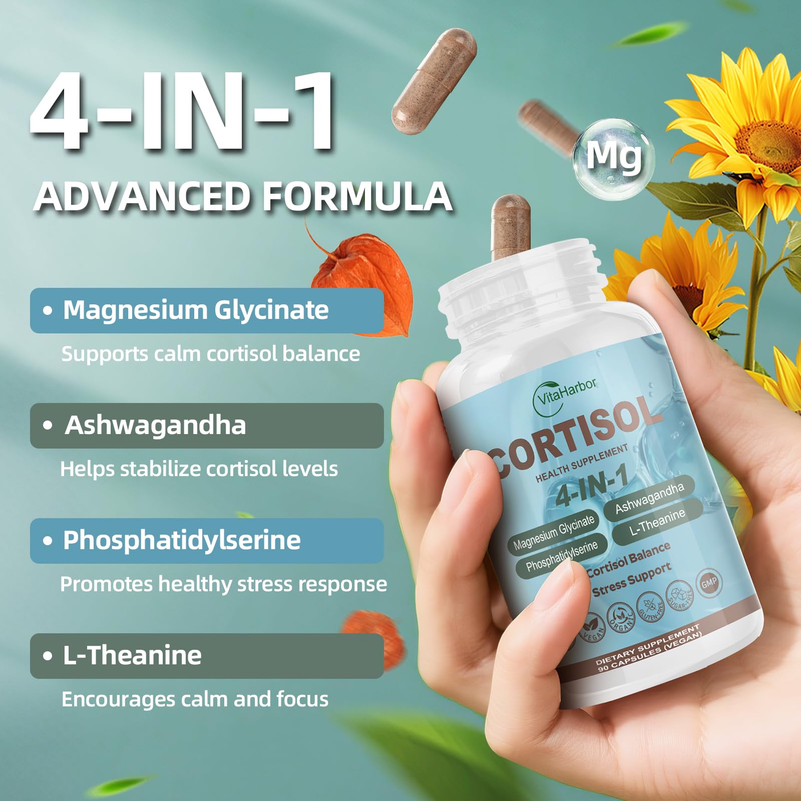 VitaHarbor Cortisol Supplement for Women and Men, 4-in-1 Cortisol Reducer with Magnesium Glycinate, Ashwagandha, Phosphatidylserine, L-Theanine, for Relaxation & Calm Support, 90 Veg Caps VitaHarbor Au supplements