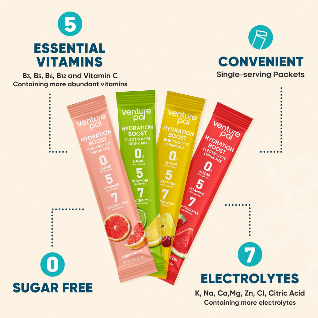 Venture Pal Sugar Free Electrolyte Powder Packets - Liquid Daily IV Hydration Packets for Rapid Rehydration | 7 Electrolytes & 5 Vitamins | Keto Friendly