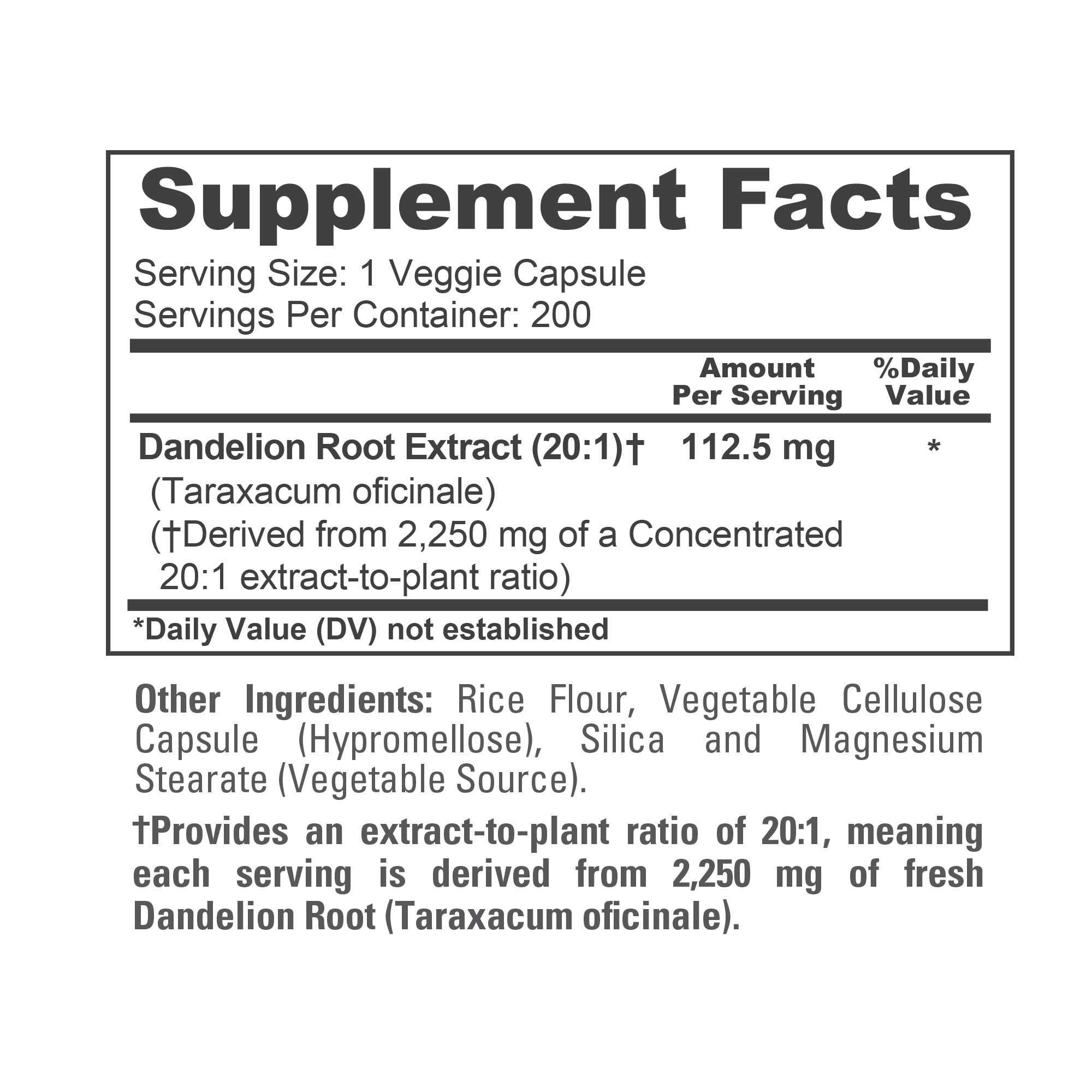 NusaPure Dandelion Root 20:1 Extract, 112.5 mg Equivalent to 2,250 mg 200 Veggie Capsules (Non-GMO, Vegan) NusaPure Au supplements