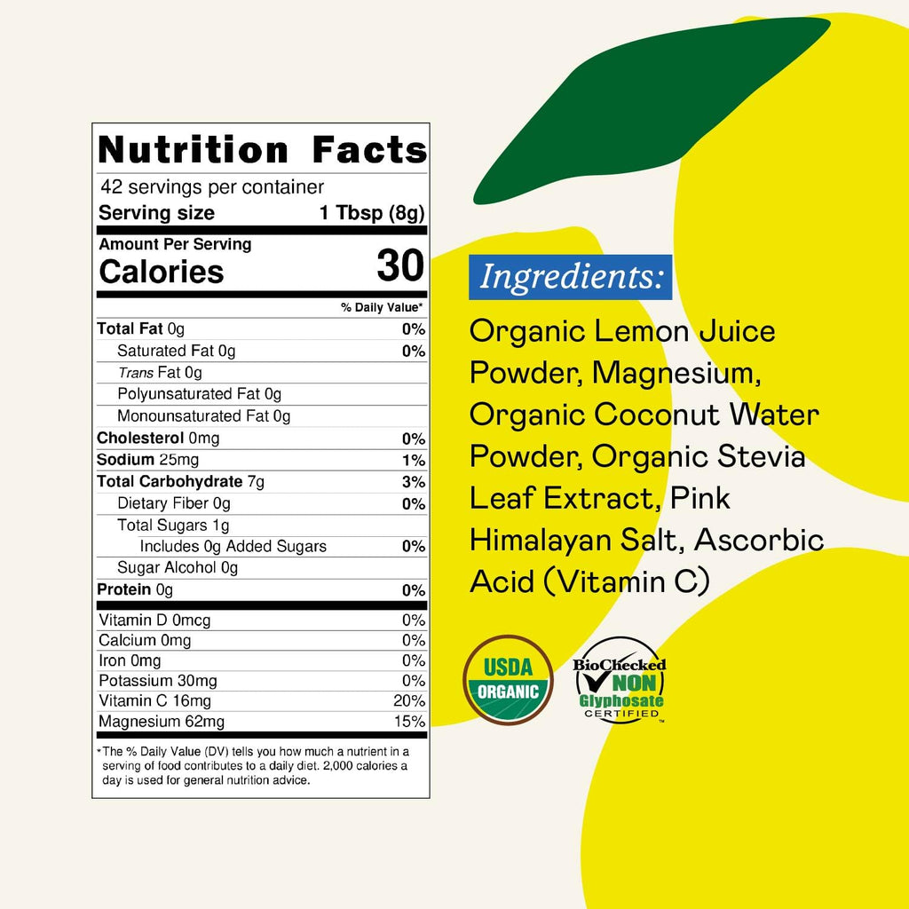 GOODONYA Organic Hydration Electrolyte Drink Mix, Certified Organic Hydration Powder, Non-GMO, Biochecked Glyphosate Free, Low Sugar, Lemonade Flavor,