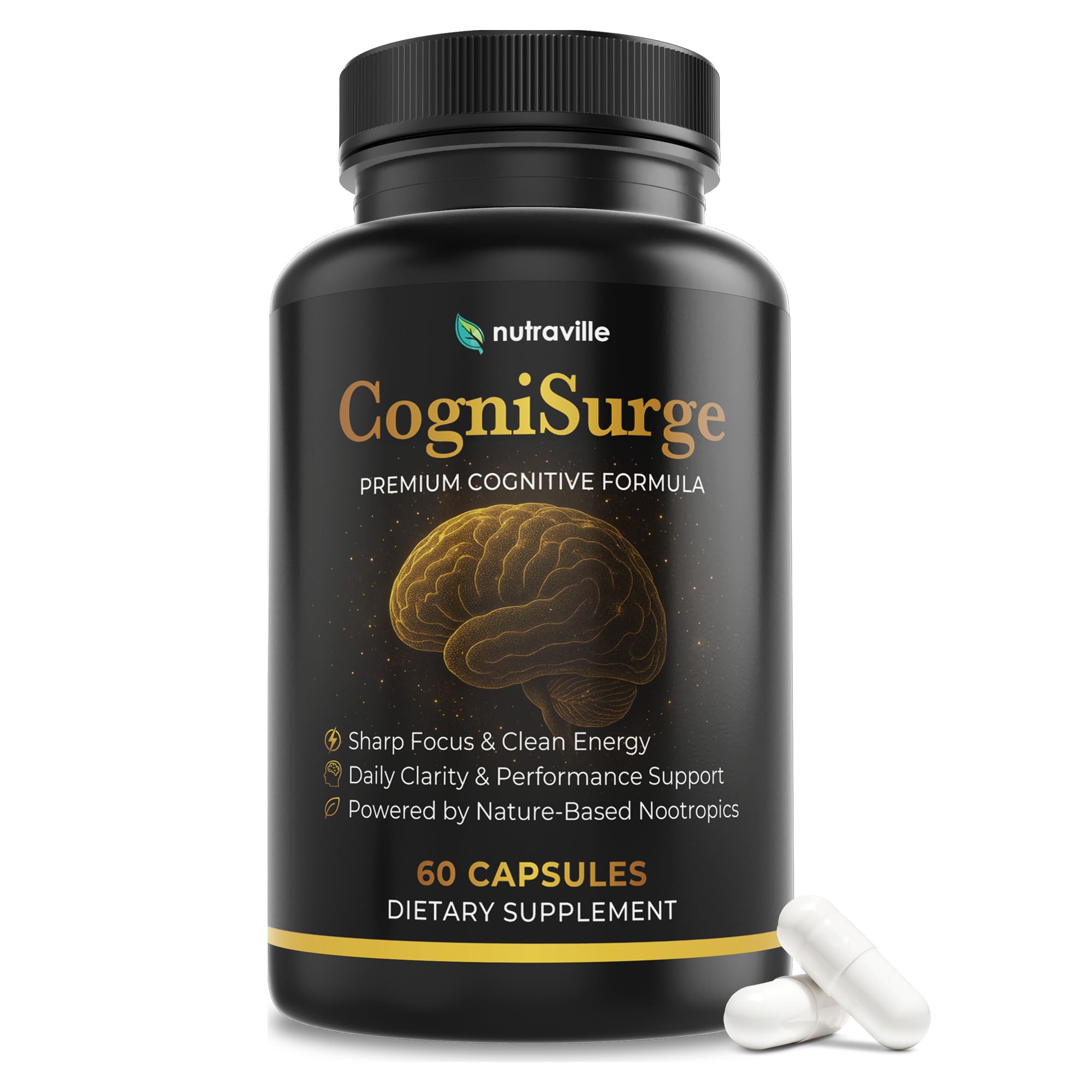 Nutraville CogniSurge Nootropics Brain Support Supplement for Memory and Focus - Nature-Powered Lion's Mane Supplement Capsules with Shilajit - No Caffeine or Stimulants - 30 Servings Nutraville Au supplements