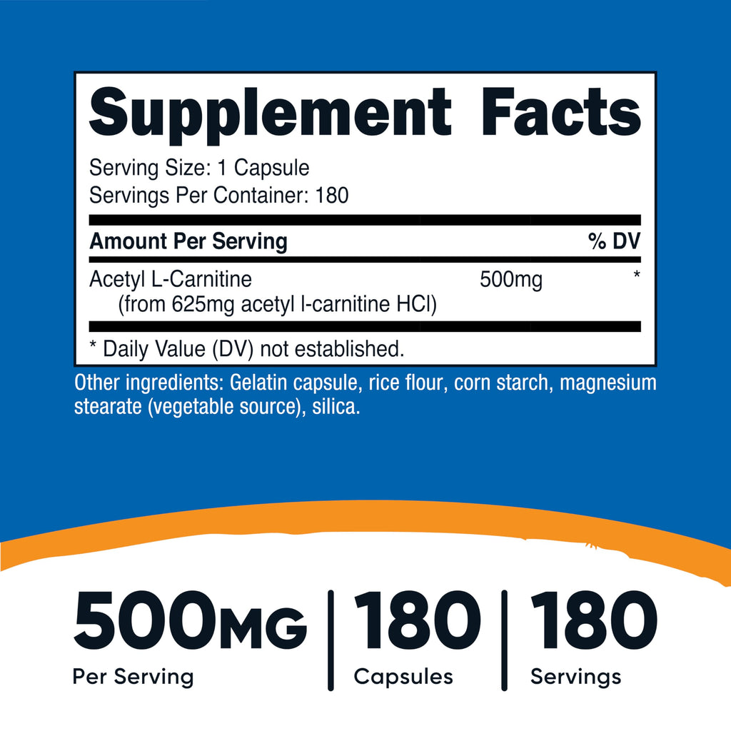 Nutricost Acetyl L-Carnitine (ALCAR) 500mg, 180 Capsules, 180 Servings - Non-GMO and Gluten Free, 1 Capsule per Serving