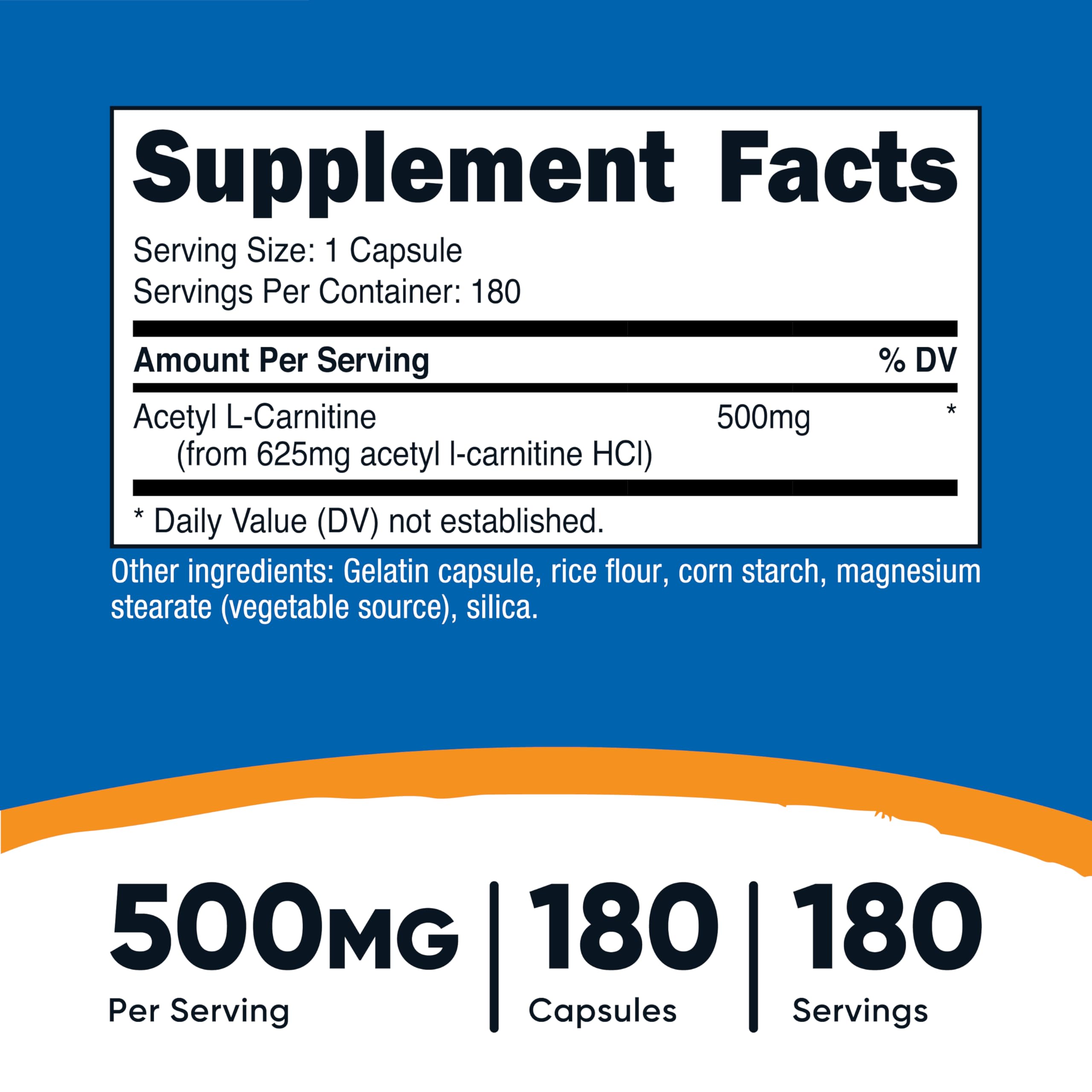 Nutricost Acetyl L-Carnitine (ALCAR) 500mg, 180 Capsules, 180 Servings - Non-GMO and Gluten Free, 1 Capsule per Serving
