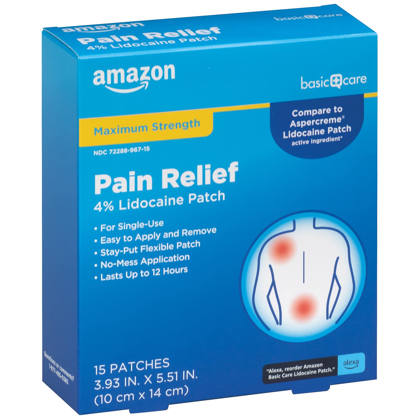 Amazon Basic Care Maximum Strength OTC Pain Relief , 4% Lidocaine Patch, 3.9” x 5.5”, 15-Count Box (Previously HealthWise) Amazon Basic Care Au supplements