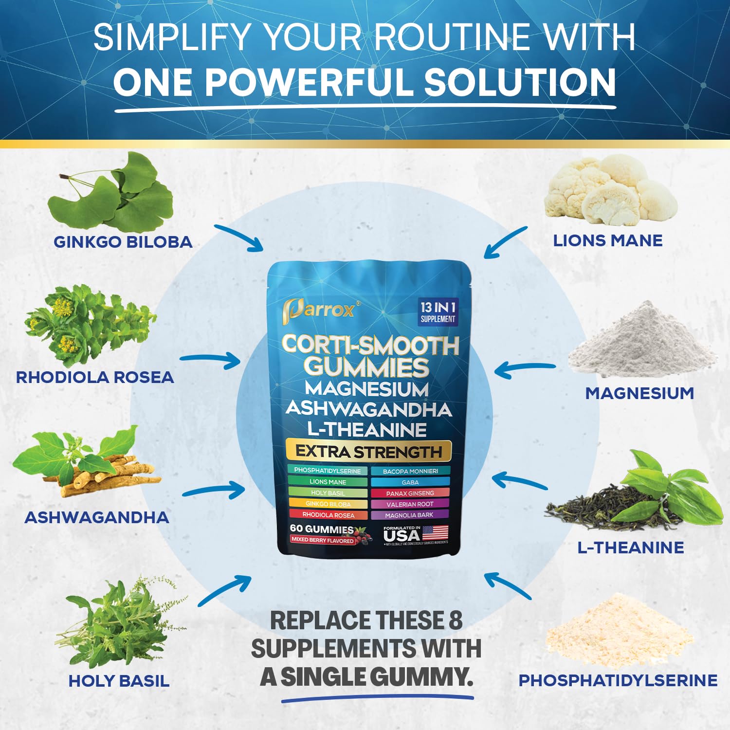 Parrox Corti-Smooth Cortisol Support Gummies with Magnesium, L-Theanine, Ashwagandha, Phosphatidylserine, Bacopa Monnieri, Lions Mane, Ginkgo Biloba, Valerian Root (60 Gummies - Mixed Berry Flavor) Parrox Au supplements