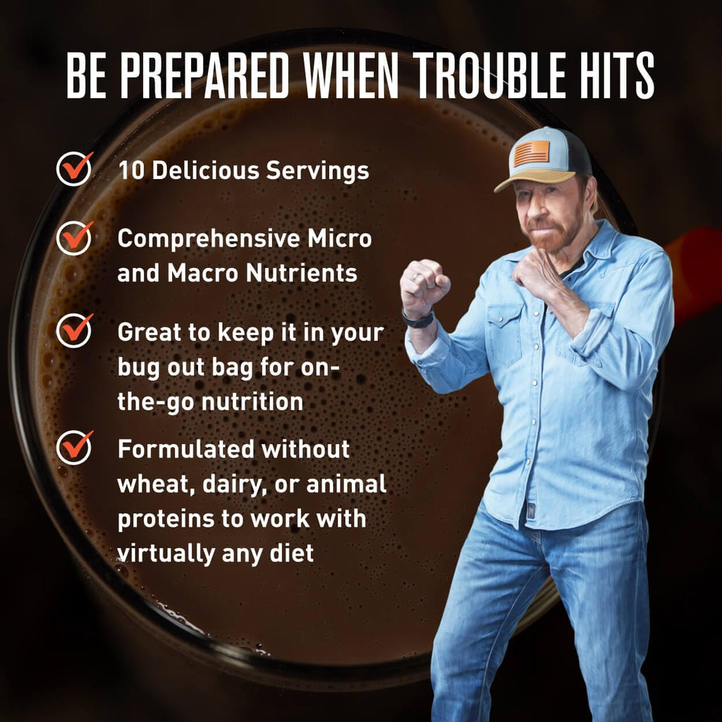 Basecamp Complete Nutrition Shake by Chuck Norris Roundhouse Provisions – Plant-Based Emergency Meal with 18g Protein & 28 Essential Nutrients – Rich Chocolate Flavor – 10 Servings, 3-Year Shelf Life ROUNDHOUSE PROVISION Au supplements