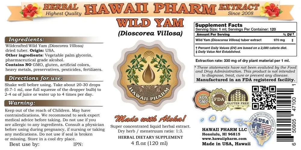 Wild Yam Liquid Extract, Wild Yam (Dioscorea Villosa) Tincture 2x2 oz HawaiiPharm Au supplements